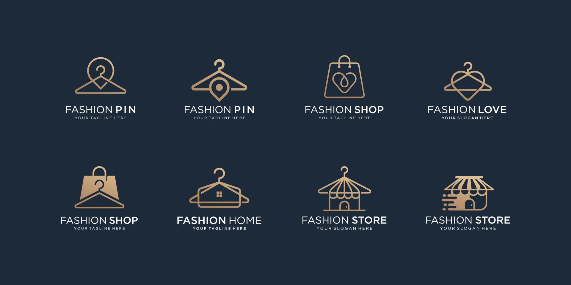 conjunto de diseño de logotipo de moda. tienda de moda, perchas, línea minimalista, colección de logotipos de tiendas de compras. vector