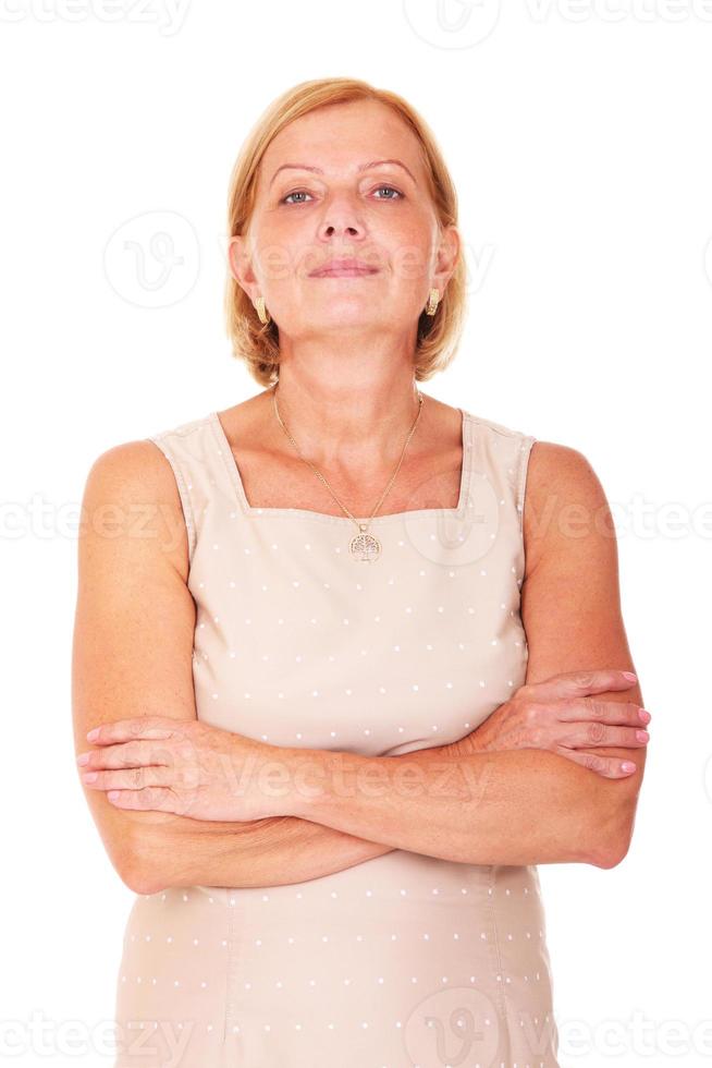 Serious lady on white background photo