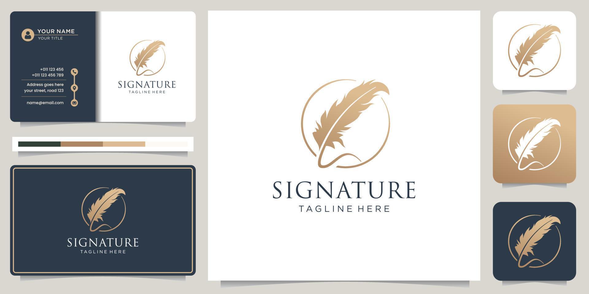 Minimalist quill feather pen signature handwriting circle frame logo and business card design. vector