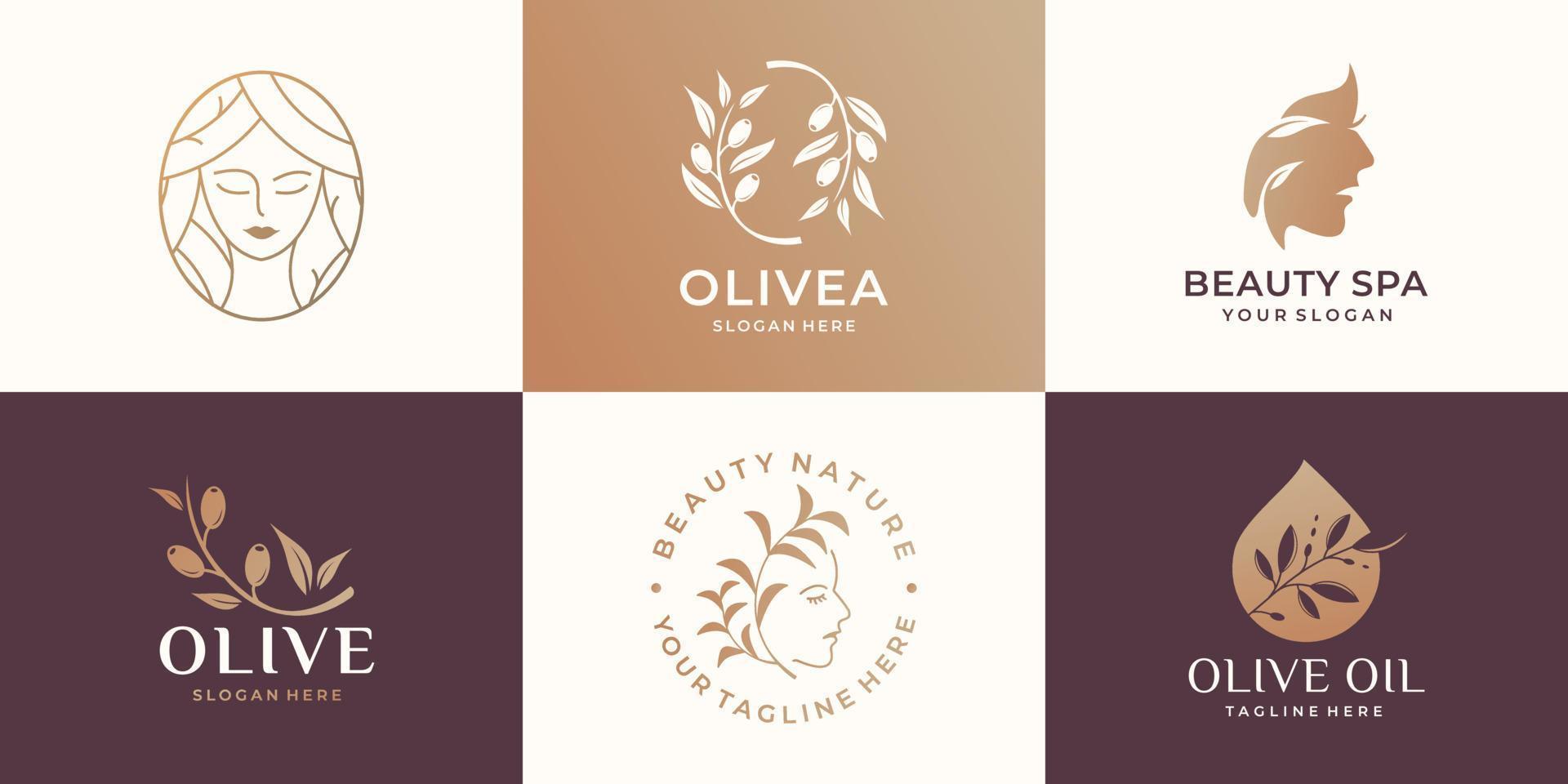 colección de logo de mujer de belleza, rama de olivo, spa de belleza, cara de mujer, aceite de oliva, logo femenino. vector