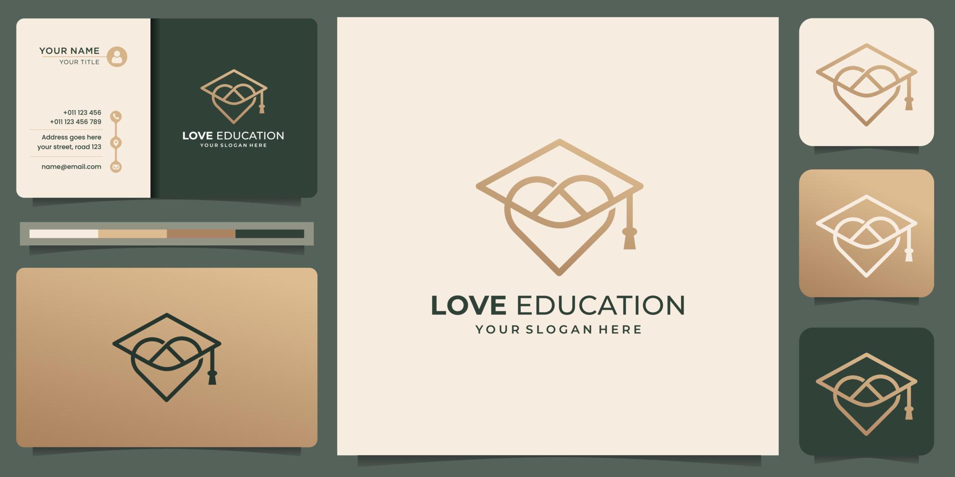 logotipo de estilo lineal de amor minimalista con plantilla de diseño de sombrero educativo. logotipo y plantilla de tarjeta de visita vector