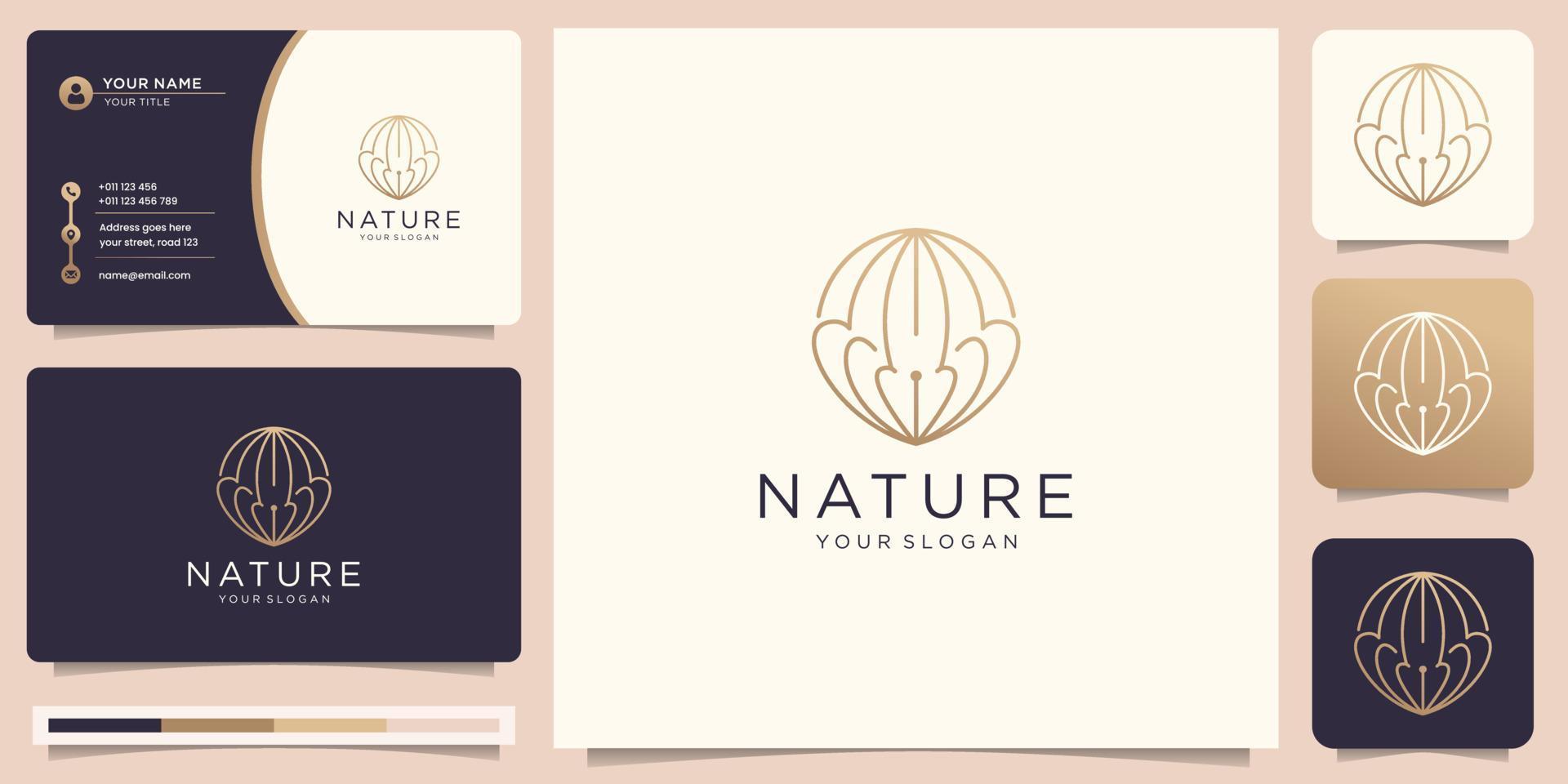 logotipo delgado de naturaleza minimalista con diseño de círculo de estilo lineal creativo y diseño de tarjeta de visita. vector