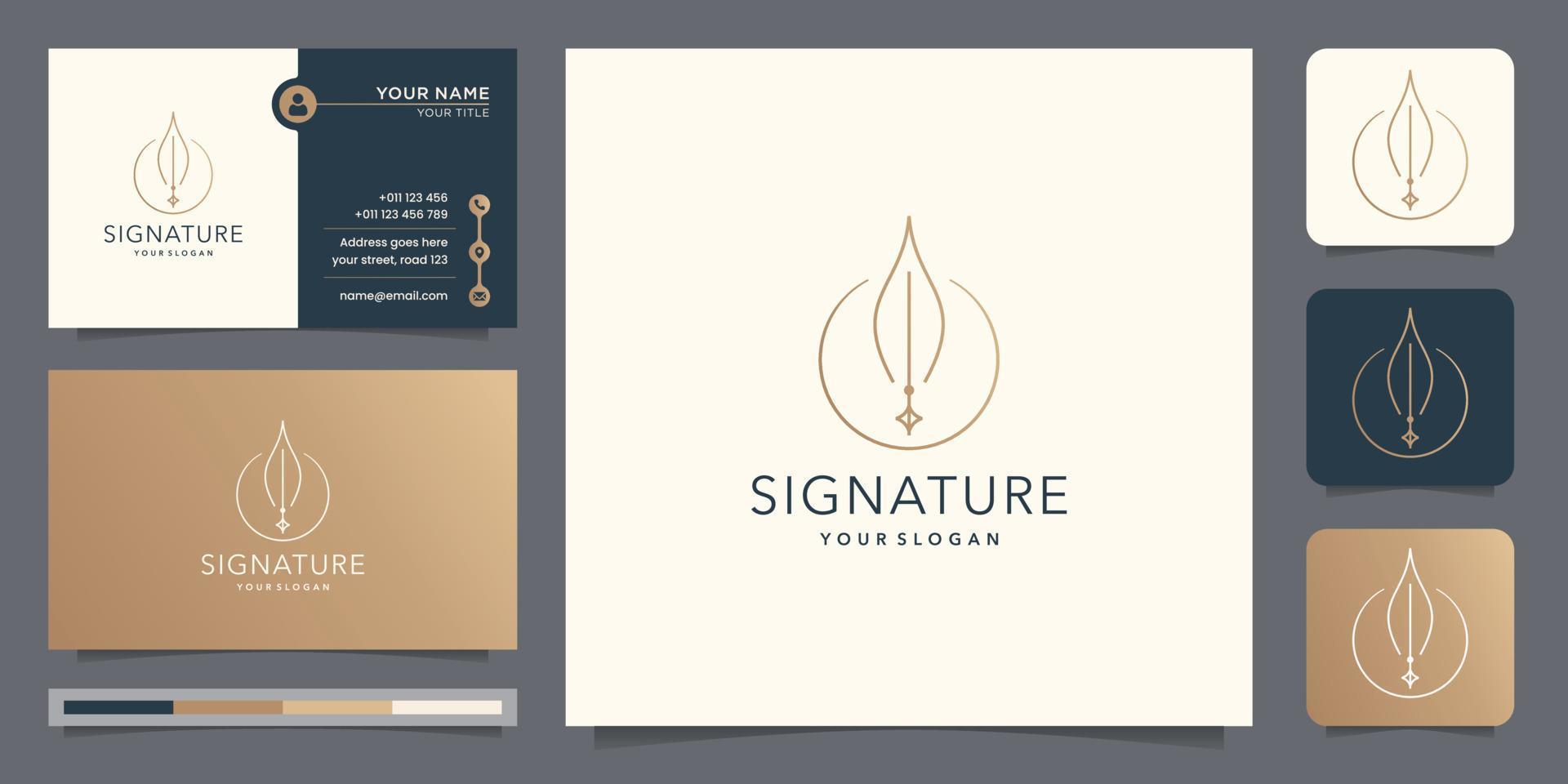 minimalist Quill feather logo inspiration signature feather with circle frame and business card vector