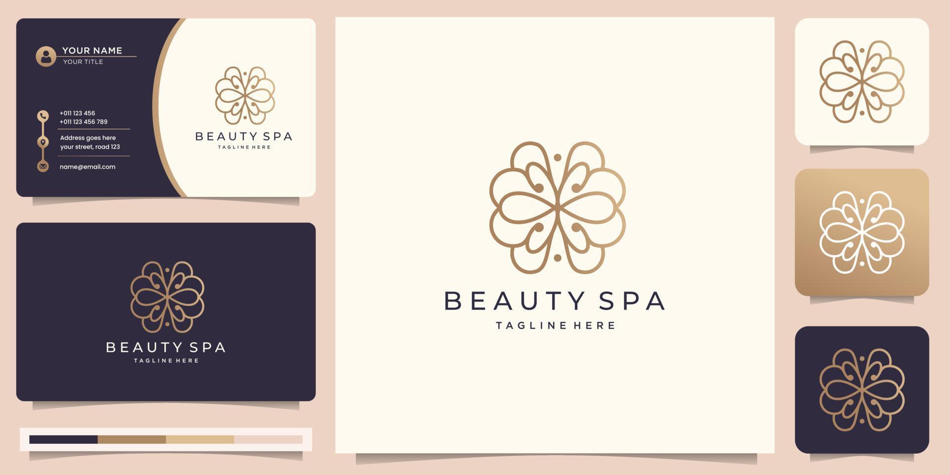 feminine linear beauty spa logo design. golden floral abstract with business card illustration. vector