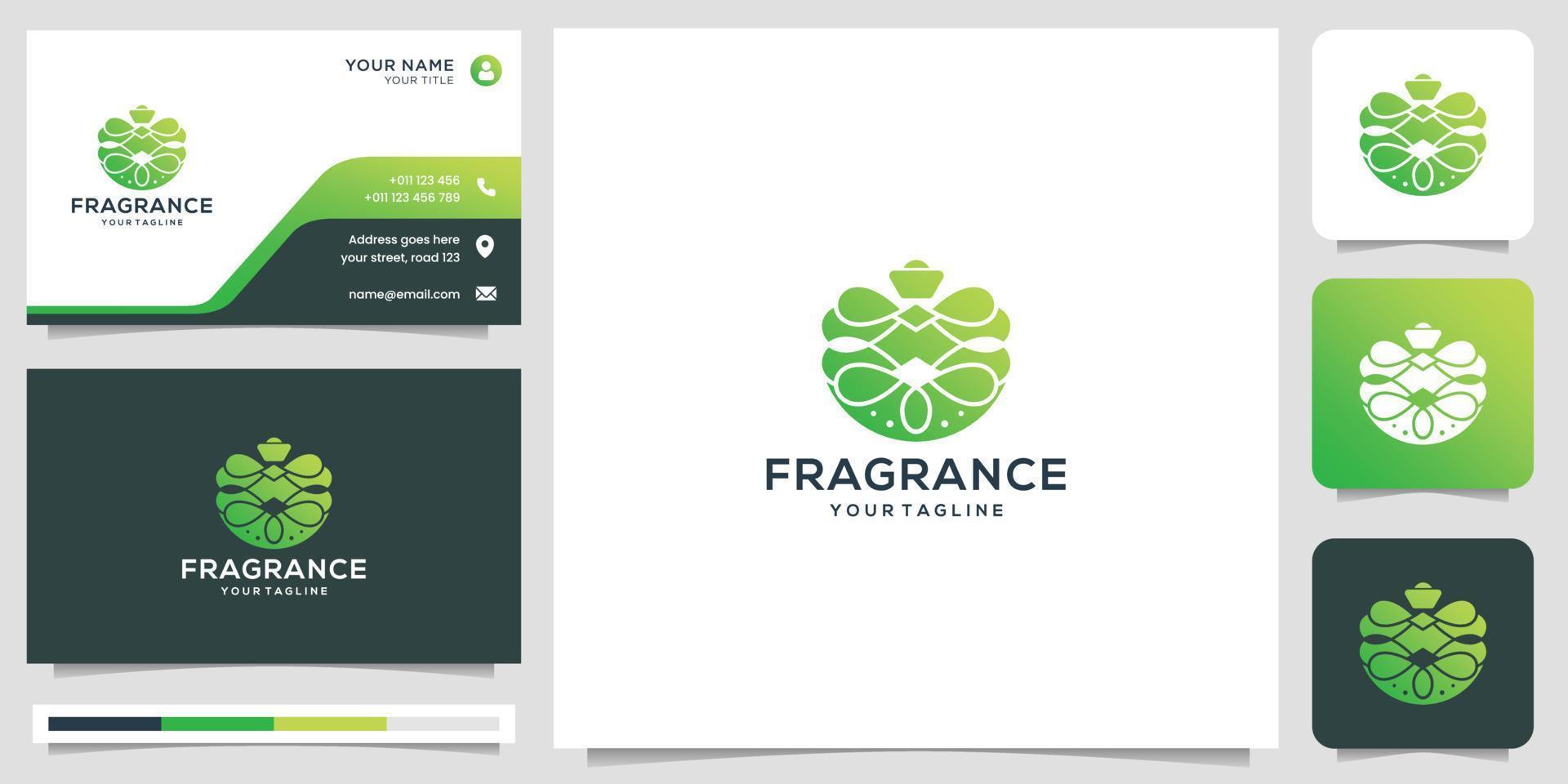 Perfume spray bottle design template with business card design. Premium Vector