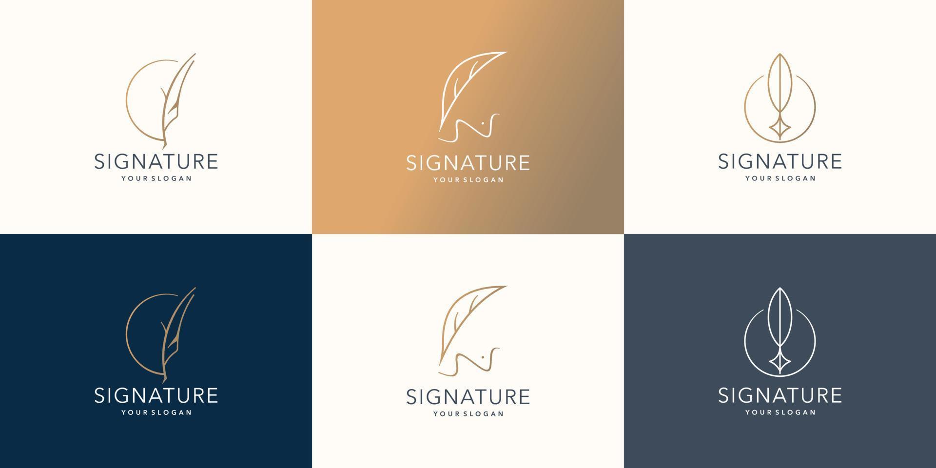 conjunto de plantilla de logotipo de pluma de pluma minimalista. pluma de escritura a mano, diseño de arte de línea de firma de pluma de oro vector