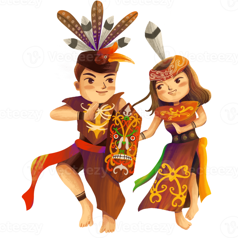 personagens bonitos do casal vestindo roupas étnicas dayak png