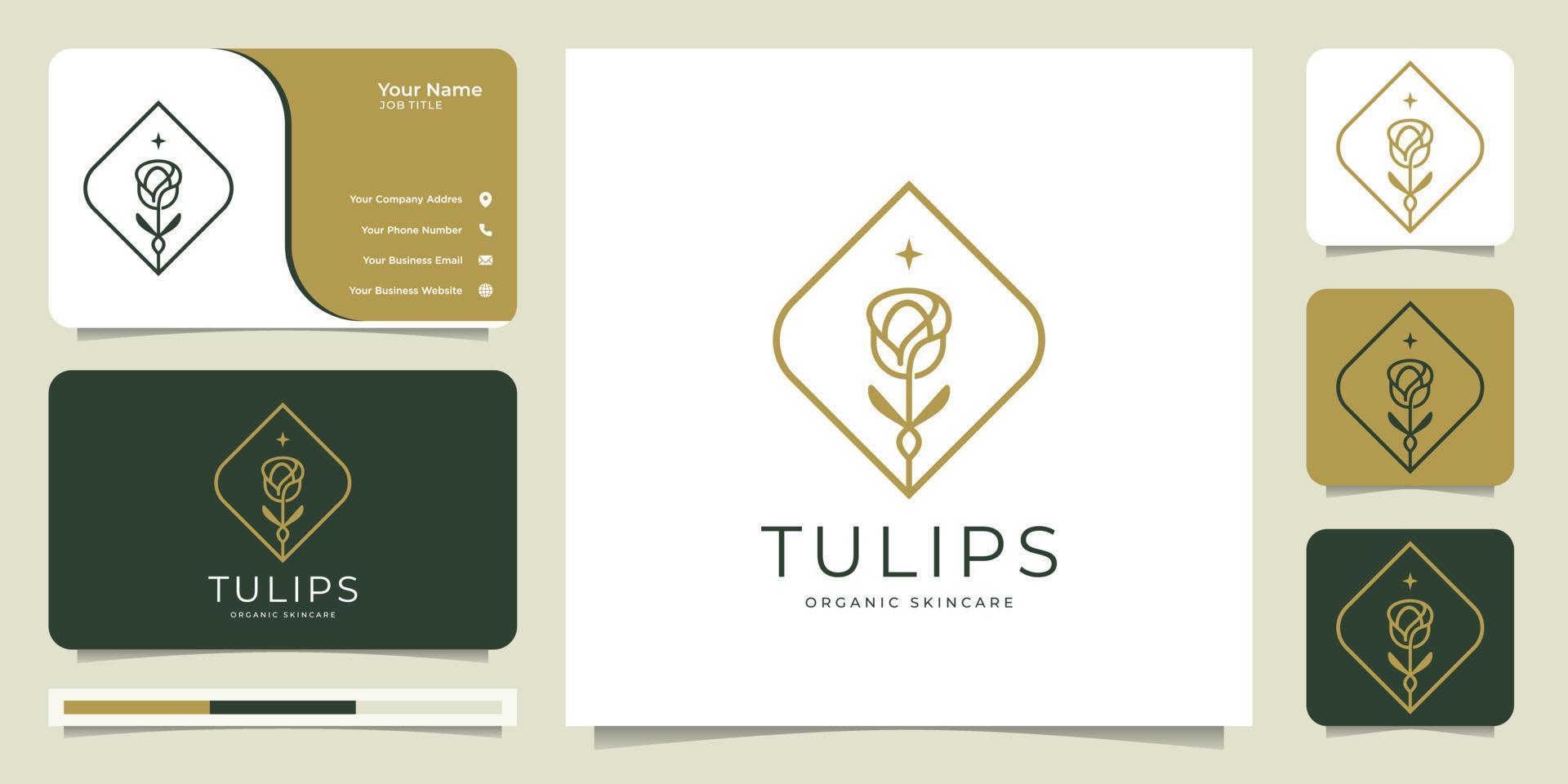 arte de línea de logotipo de tulipán de flor, orgánico, cuidado de la piel, estilo, tipo de logotipo, plantilla de logotipo y tarjeta de visita.vector premium vector