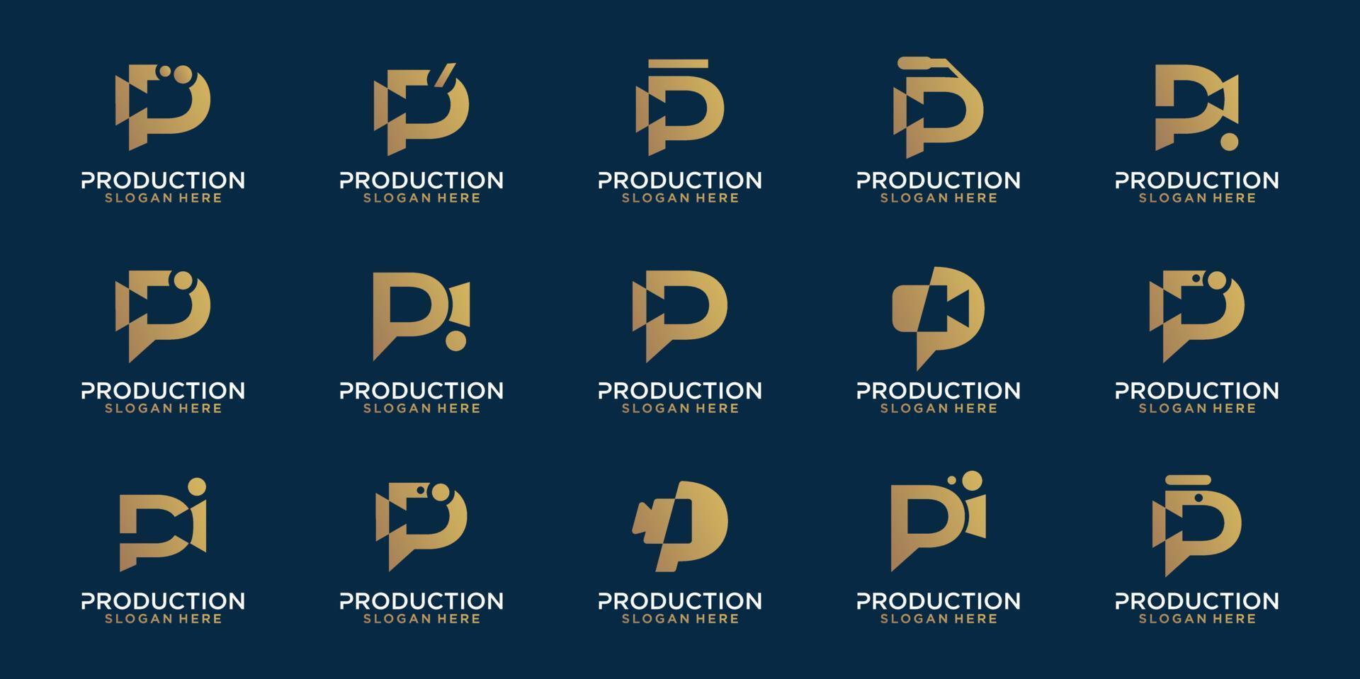 conjunto de cámara creativa en letra p. conjunto de logotipos abstractos para producción empresarial, videos, películas, edición, películas, cine, logotipo de paquete. vector premium