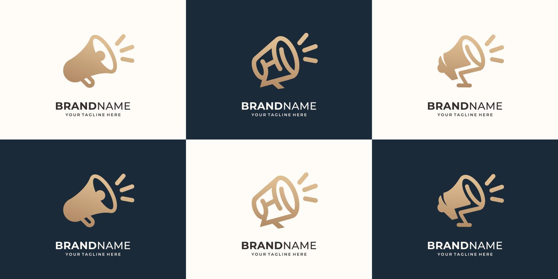 set of collection Megaphone logo design. Hand speaker portable logo, line art style, flat design, gold color, symbol loud template. premium vector