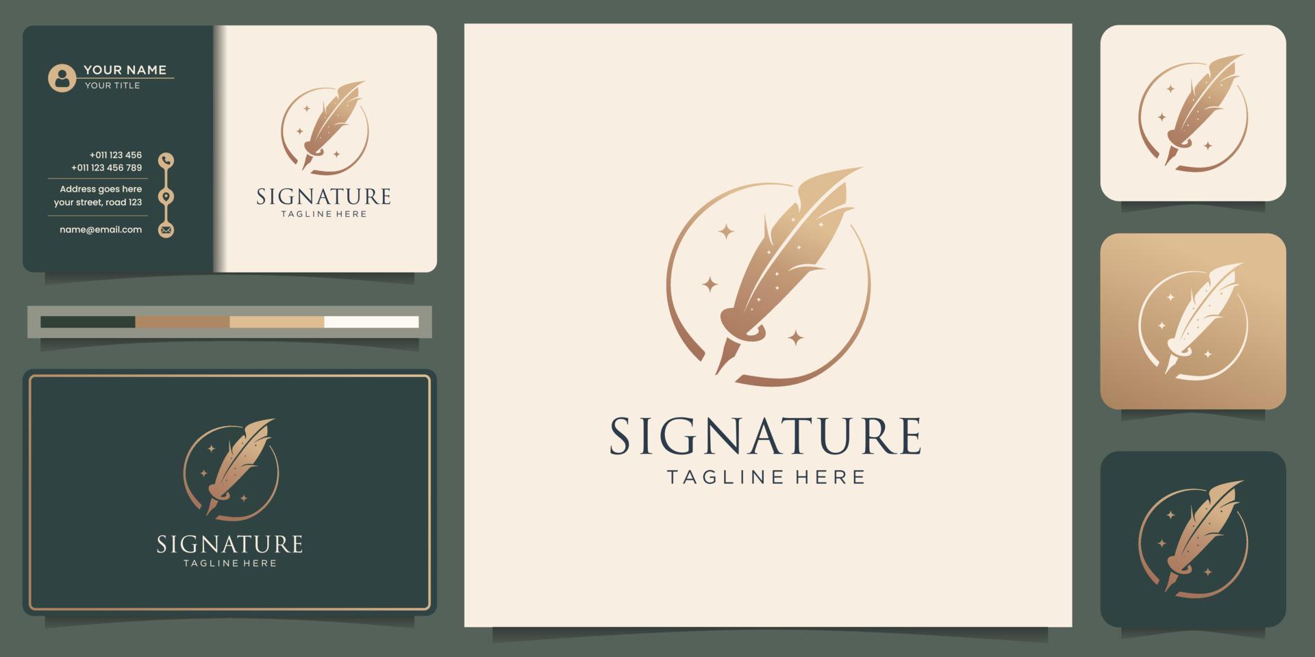 diseño de pluma de pluma minimalista. logotipo de marco de círculo de escritura a mano y diseño de tarjeta de visita vector