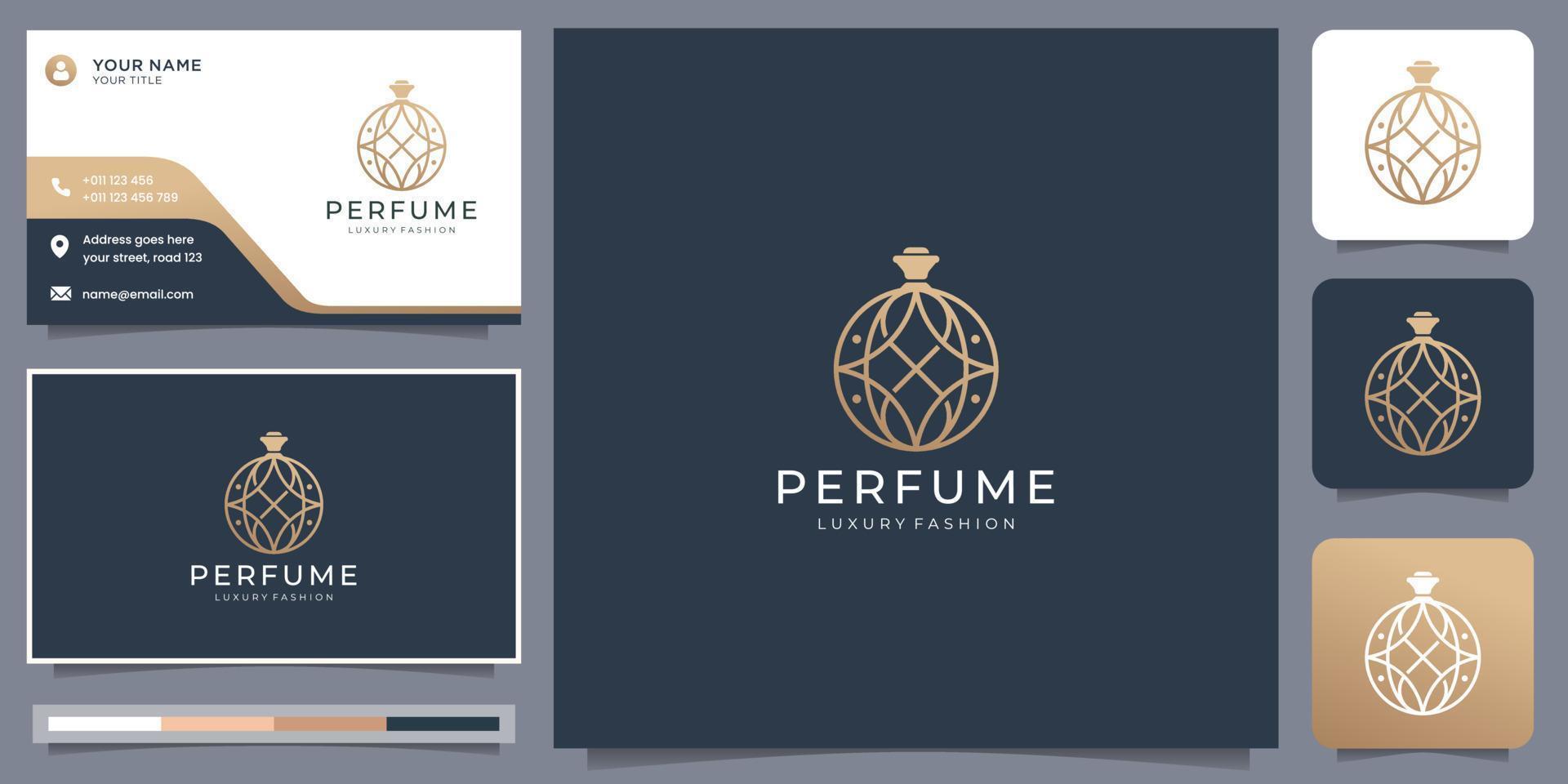 elegante plantilla de logotipo de botella de vidrio de perfume diseño de estilo circular lineal y tarjeta de visita premium. vector