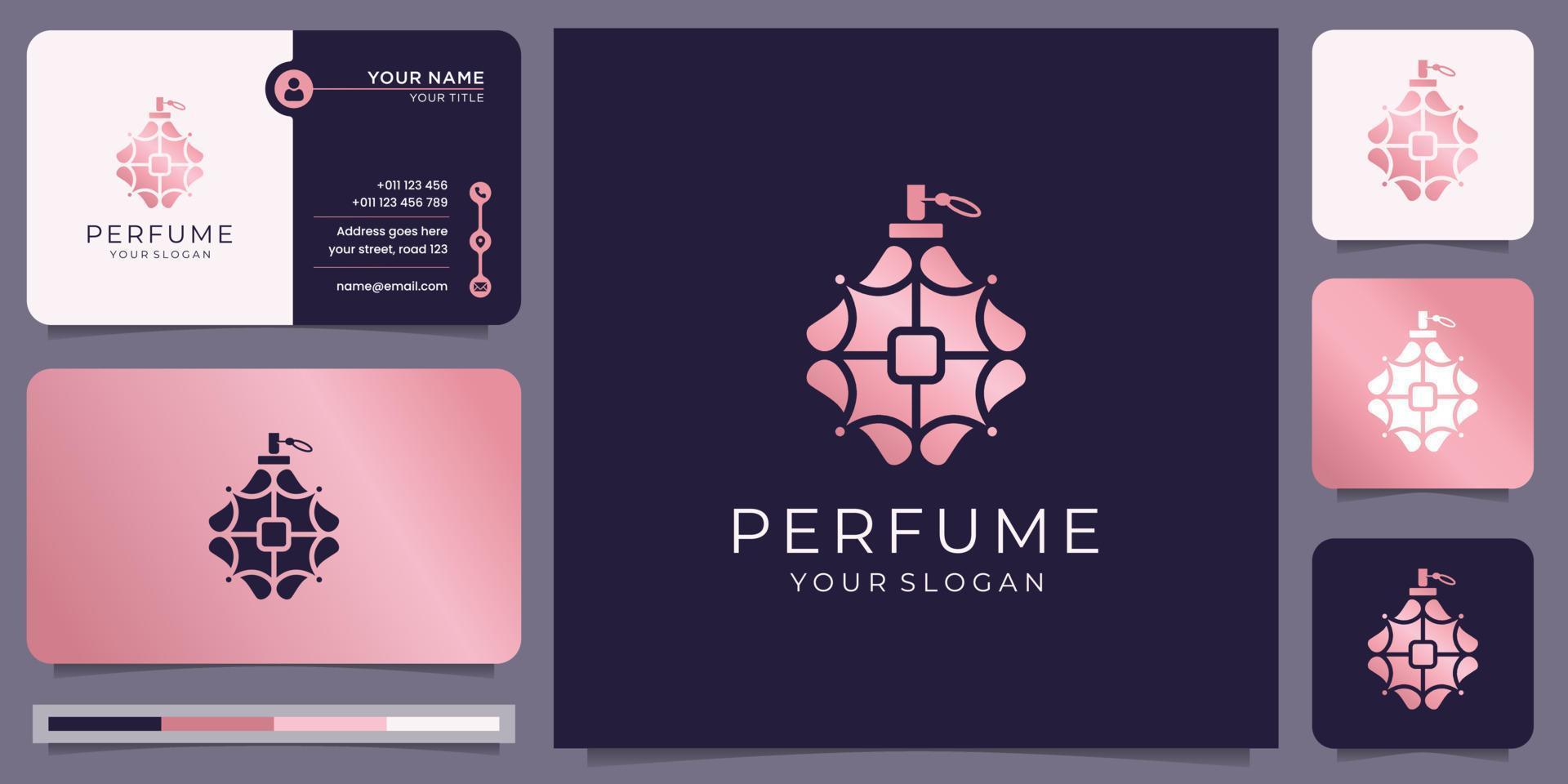 Luxurious perfume bottle style logo and business card design template,rose gold perfume inspiration. vector