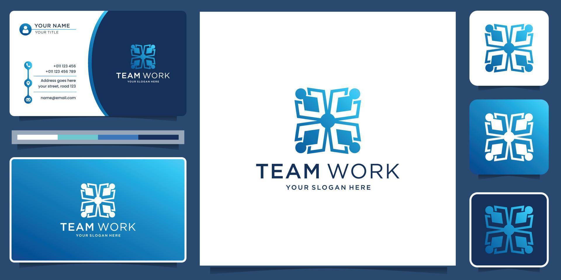 Abstract people logo design represents teamwork, diversity, signs and symbols with business card. vector