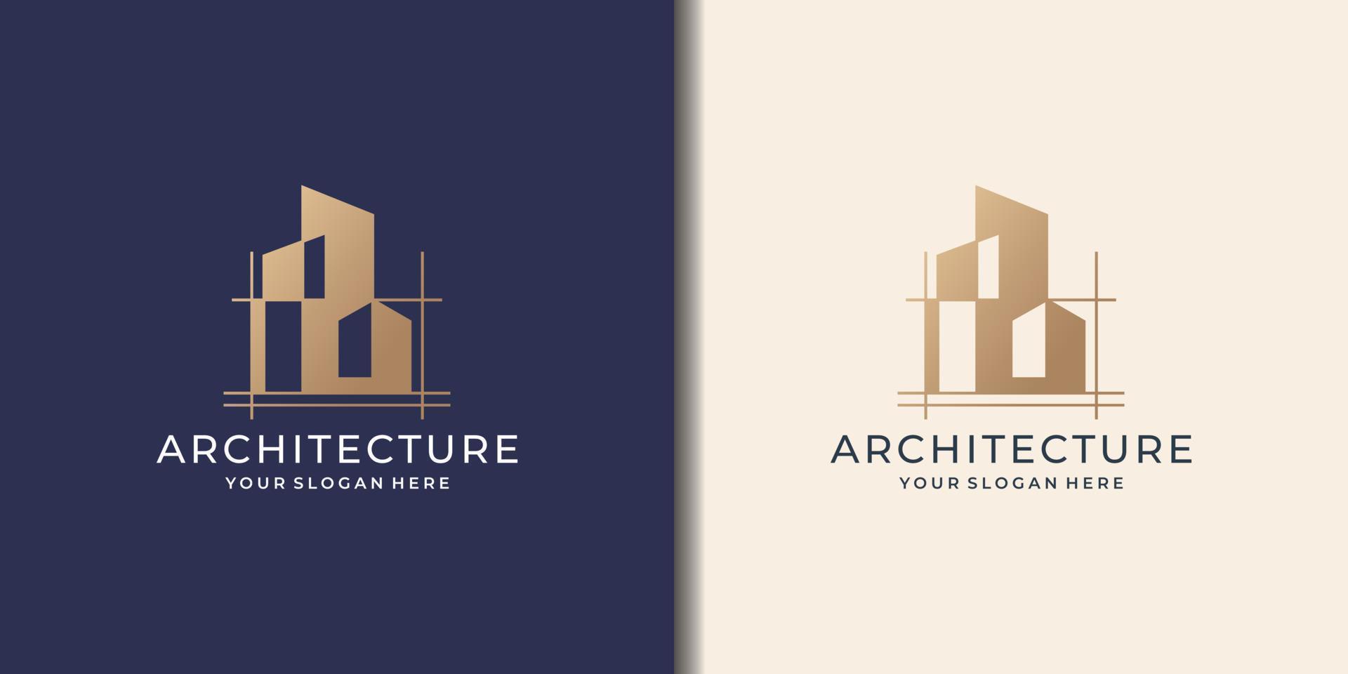 Architect house logo, architectural and construction sketch design with premium golden color style. vector