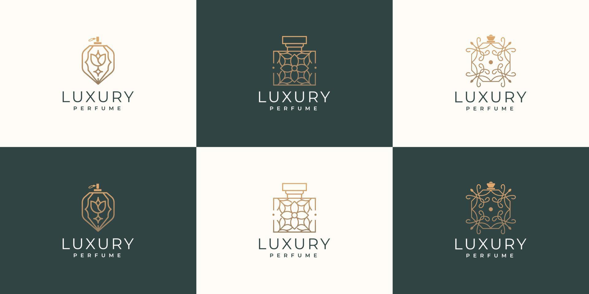 conjunto de botellas de lujo diseño de logotipo de perfume. inspiración con color dorado, moda, cuidado de la piel, colección. vector