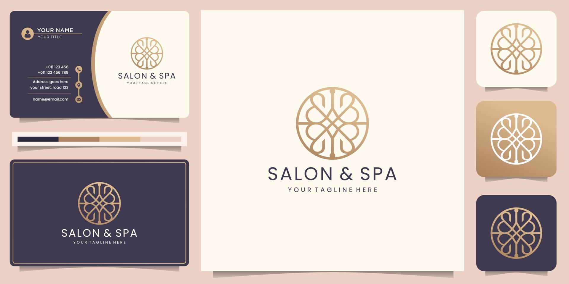 salón y spa de logotipo de belleza femenina. Resumen de forma de círculo de arte lineal con minimalista y tarjeta de visita vector