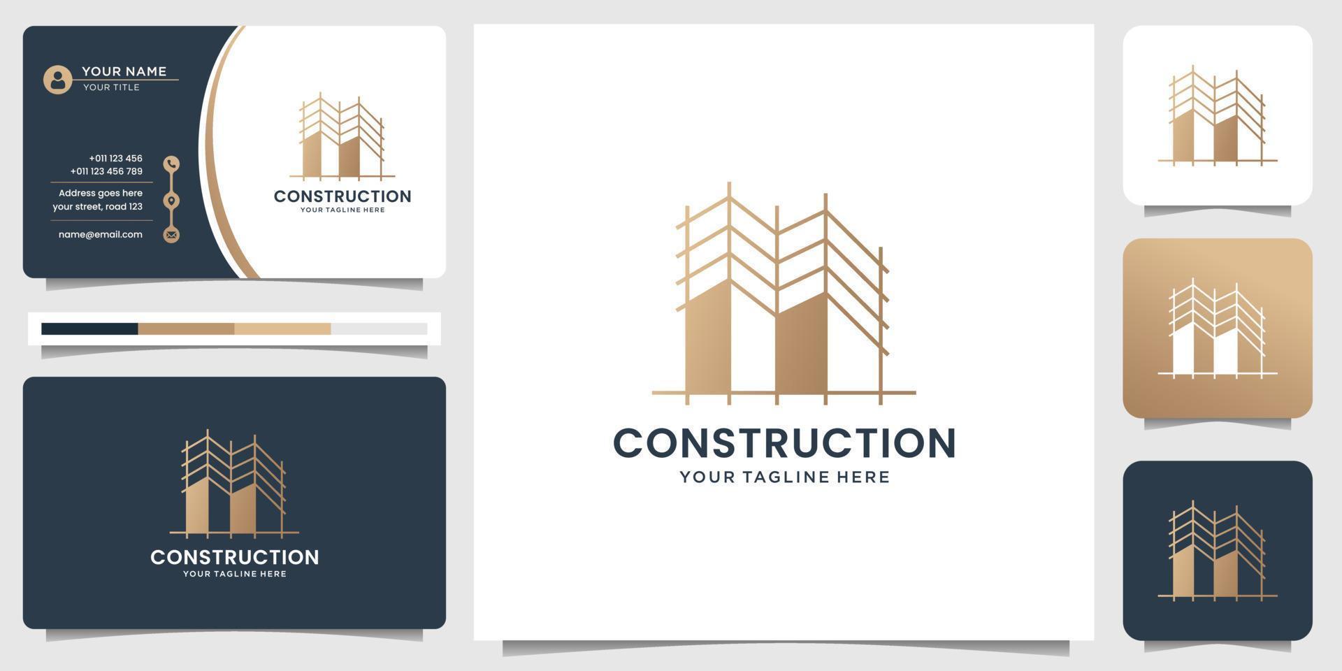 construction logo template with business card. construction architect and linear sketch design art vector