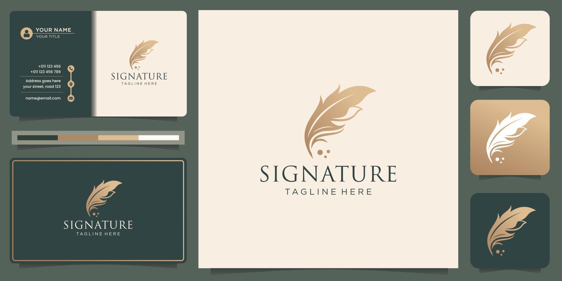 luxury signature quill feather with premium gold color and business card template design inspiration vector