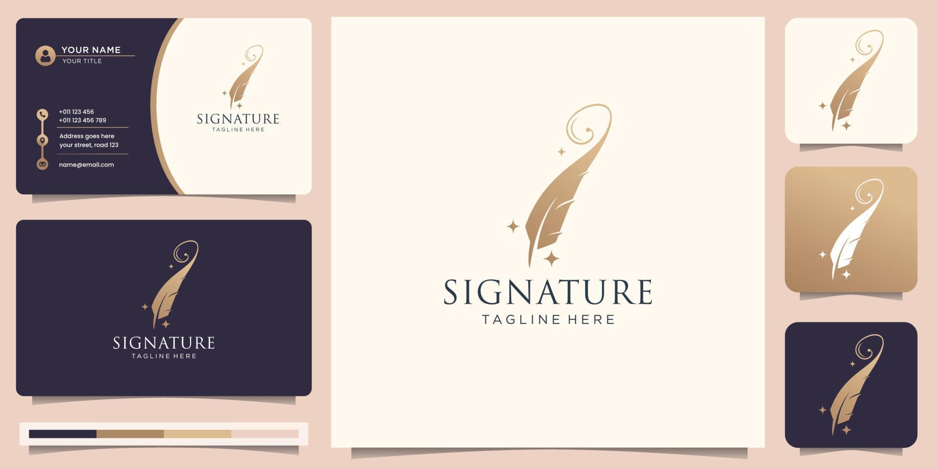 luxury quill signature logo template inspiration with business card and gradient gold color premium vector