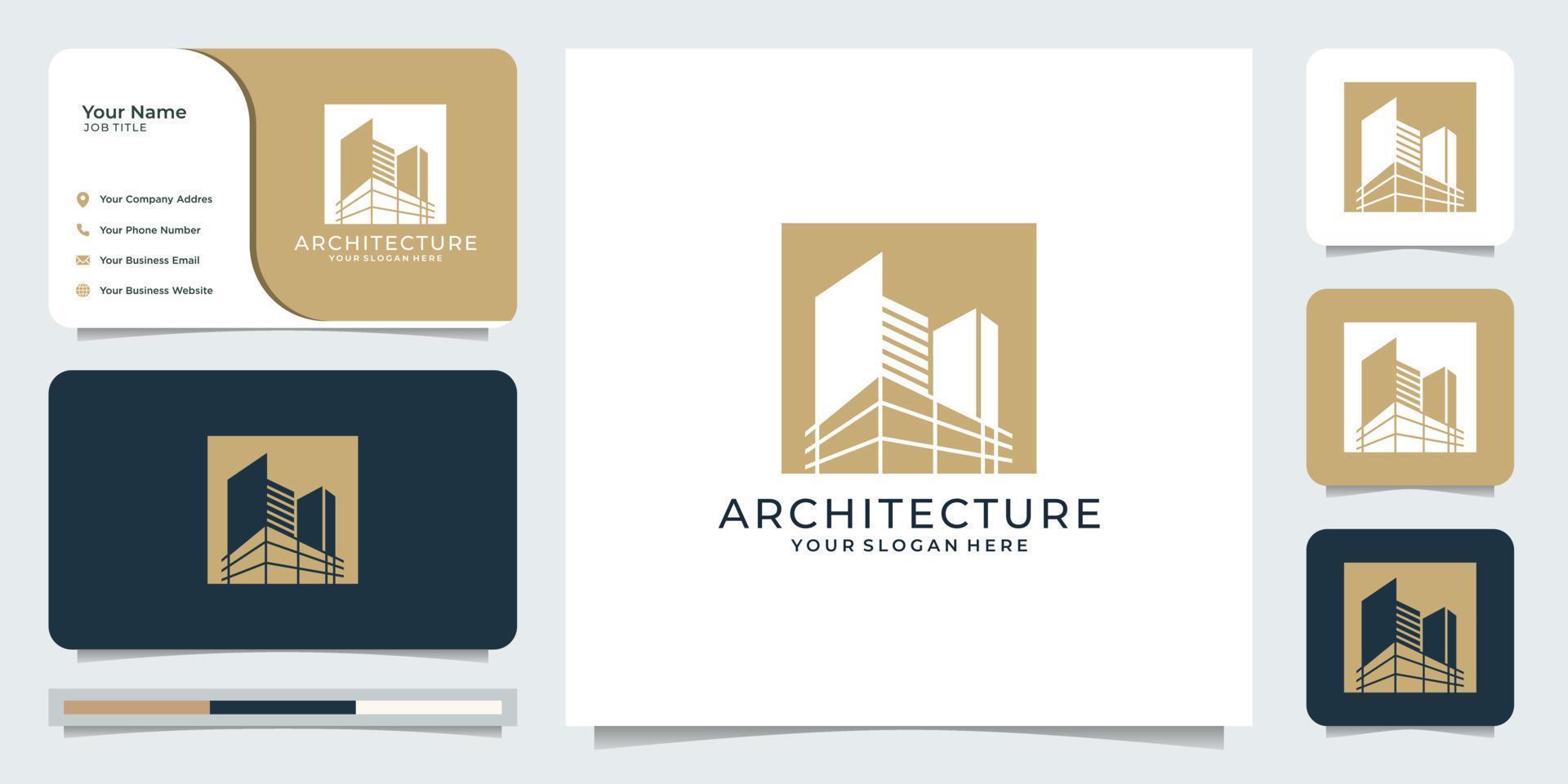 plantilla de vector de arquitectura, símbolos de diseño de logotipo inmobiliario y tarjeta de visita. vector premium