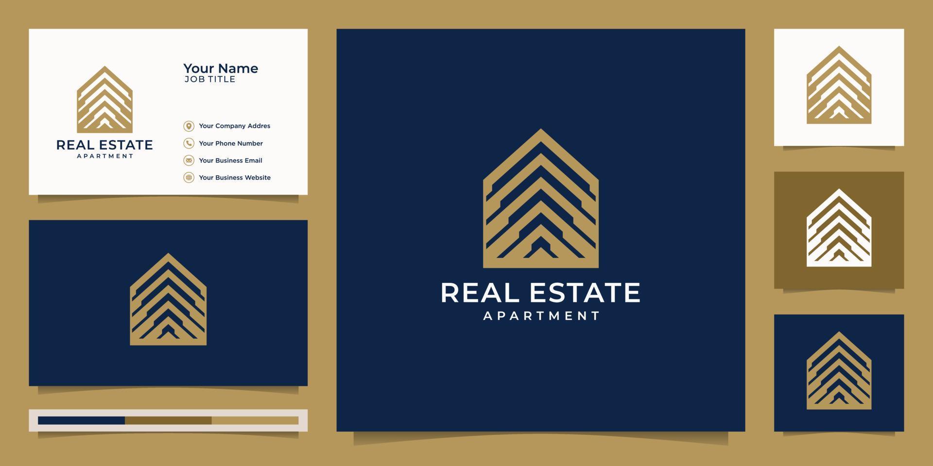 logotipo de bienes raíces para la construcción, hogar, apartamento, hogar moderno, edificio, propiedad. plantilla de diseño de logotipo profesional de moda impresionante mínima y tarjeta de visita. vector premium