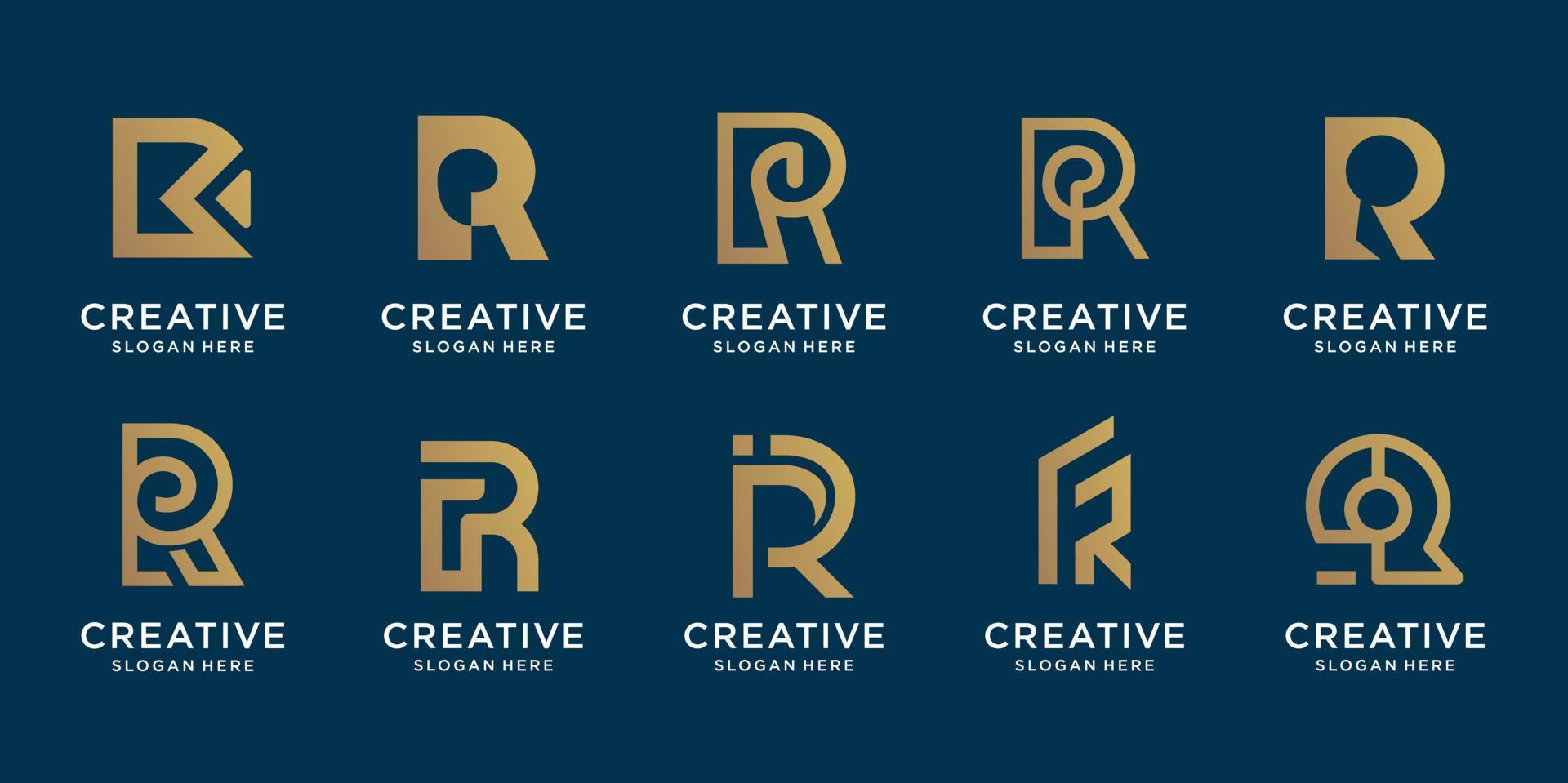 Set of creative monogram letter R gold design template. icons for business of luxury, elegant, simple. Premium Vector