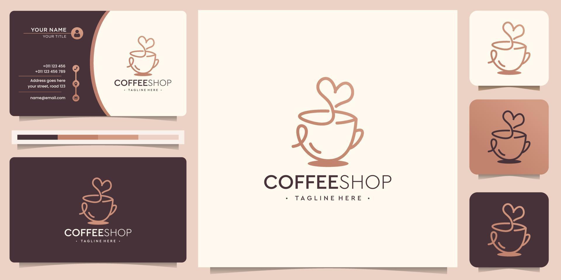 cafetería creativa minimalista con taza creativa y amor con estilo de arte lineal y tarjeta de visita. vector