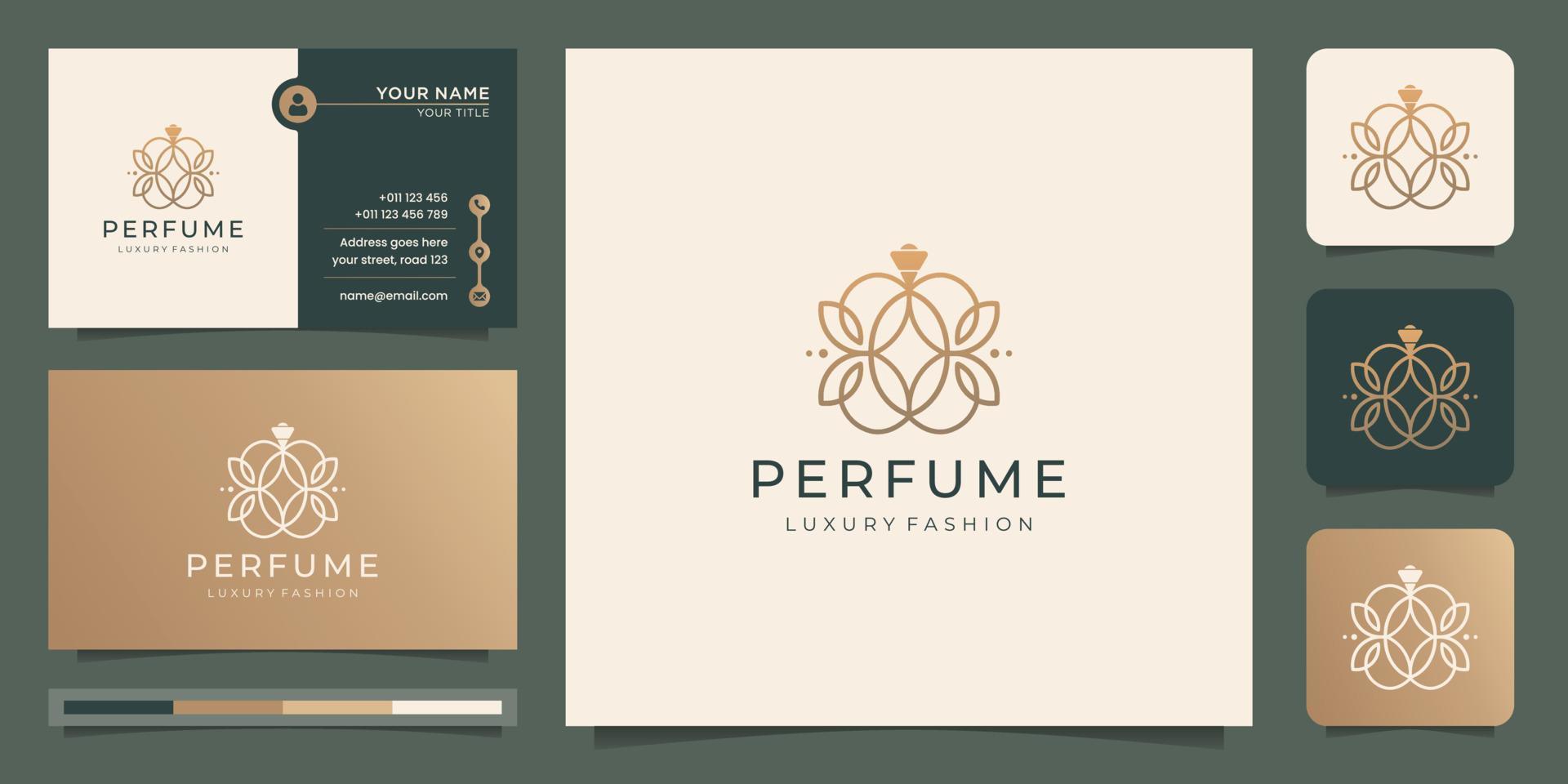 elegante diseño de estilo lineal de plantilla de logotipo de botella de vidrio de perfume y tarjeta de visita premium. vector