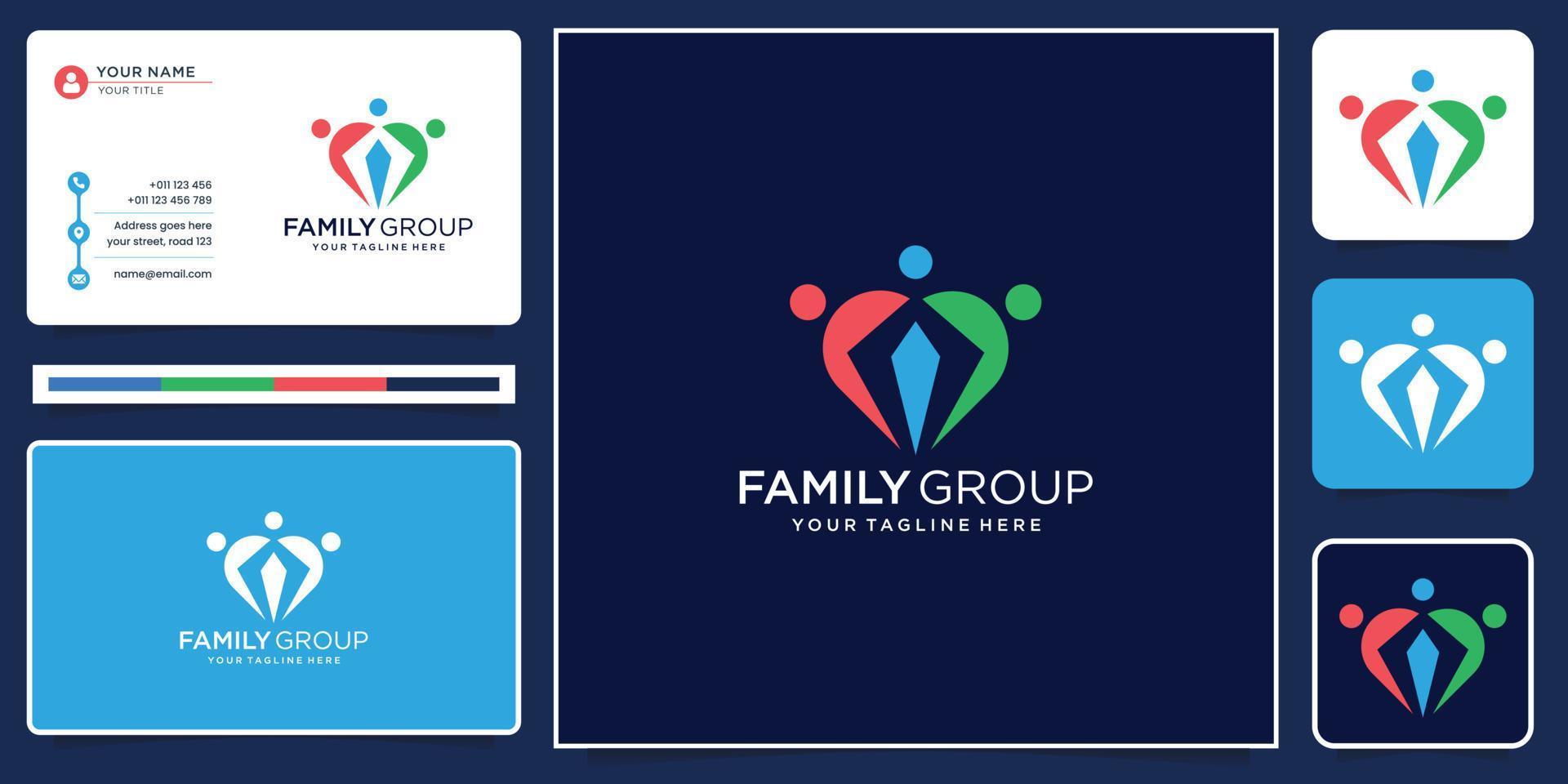 family logo design template. colorful people logo group, community and social with business card. vector