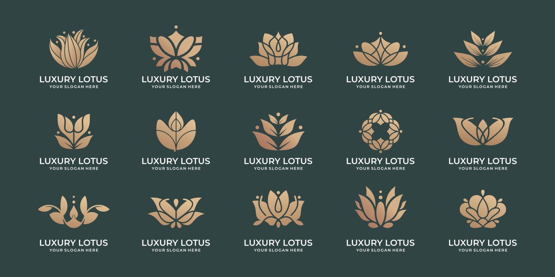 inspiración de paquete de diseño de logotipo de loto de lujo. flor de loto, logotipo de adorno floral, conjunto de iconos, logotipo de loto. vector