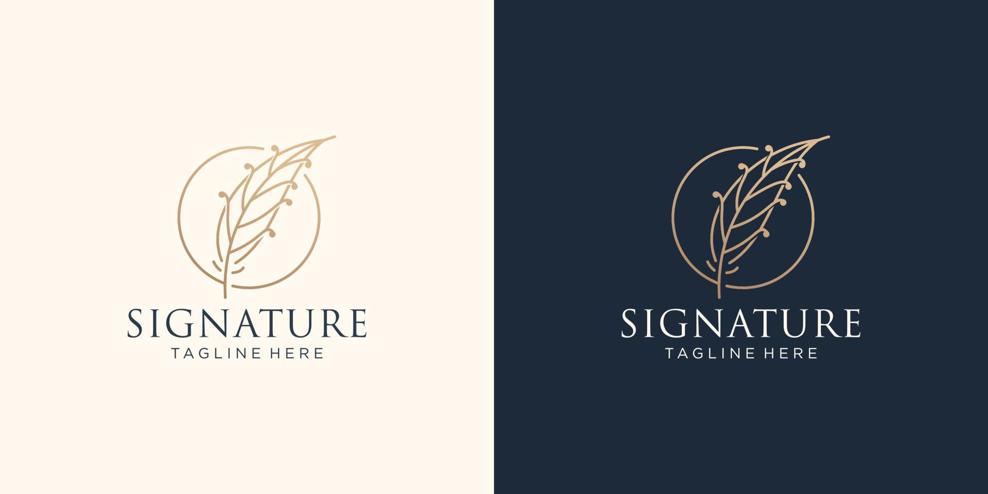 plantilla de logotipo de firma de pluma mínima. pluma de lujo de inspiración con el concepto de marco circular. vector