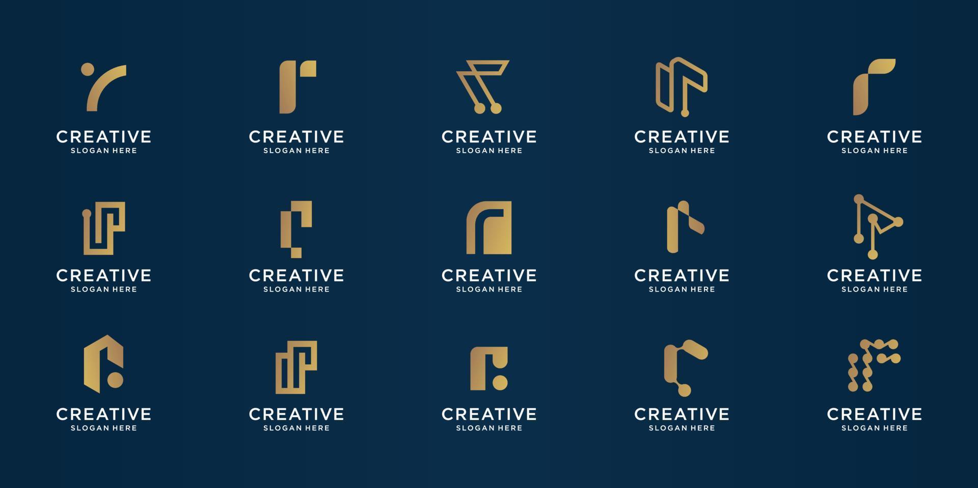 mega paquete de plantilla de diseño de oro de letra r creativa. iconos para business.technology,letra r,alfabeto,elegante, equilibrio. vector premium