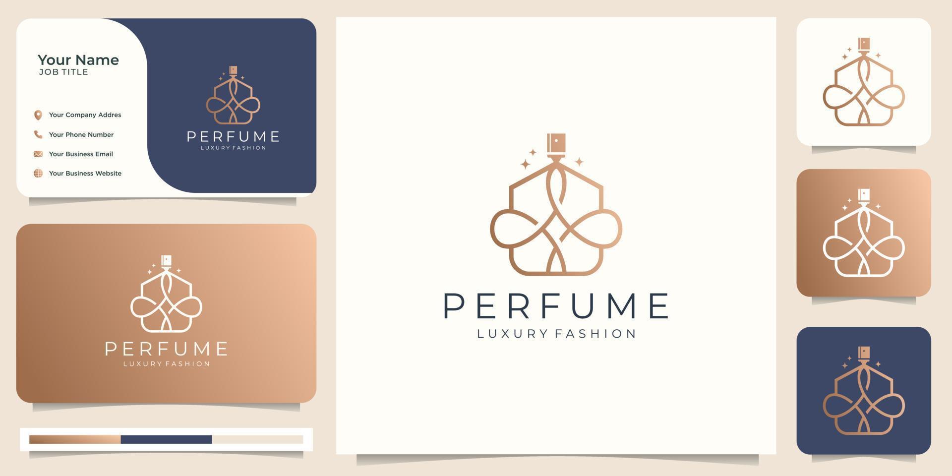 elegante diseño de estilo lineal de plantilla de logotipo de botella de vidrio de perfume y tarjeta de visita premium. vector