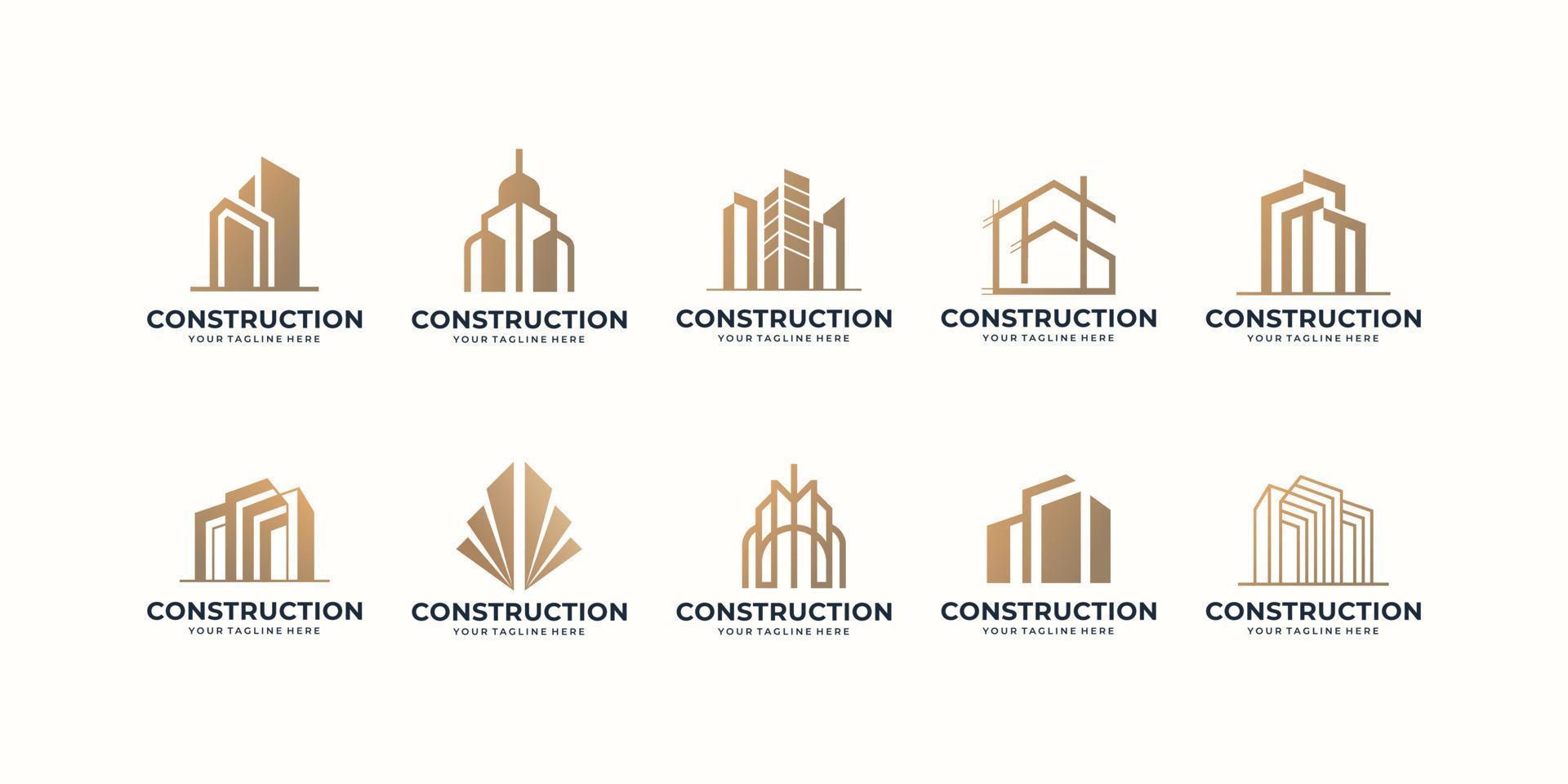 Set of abstract real estate logo.mega collection golden color for building,architecture,apartment. vector