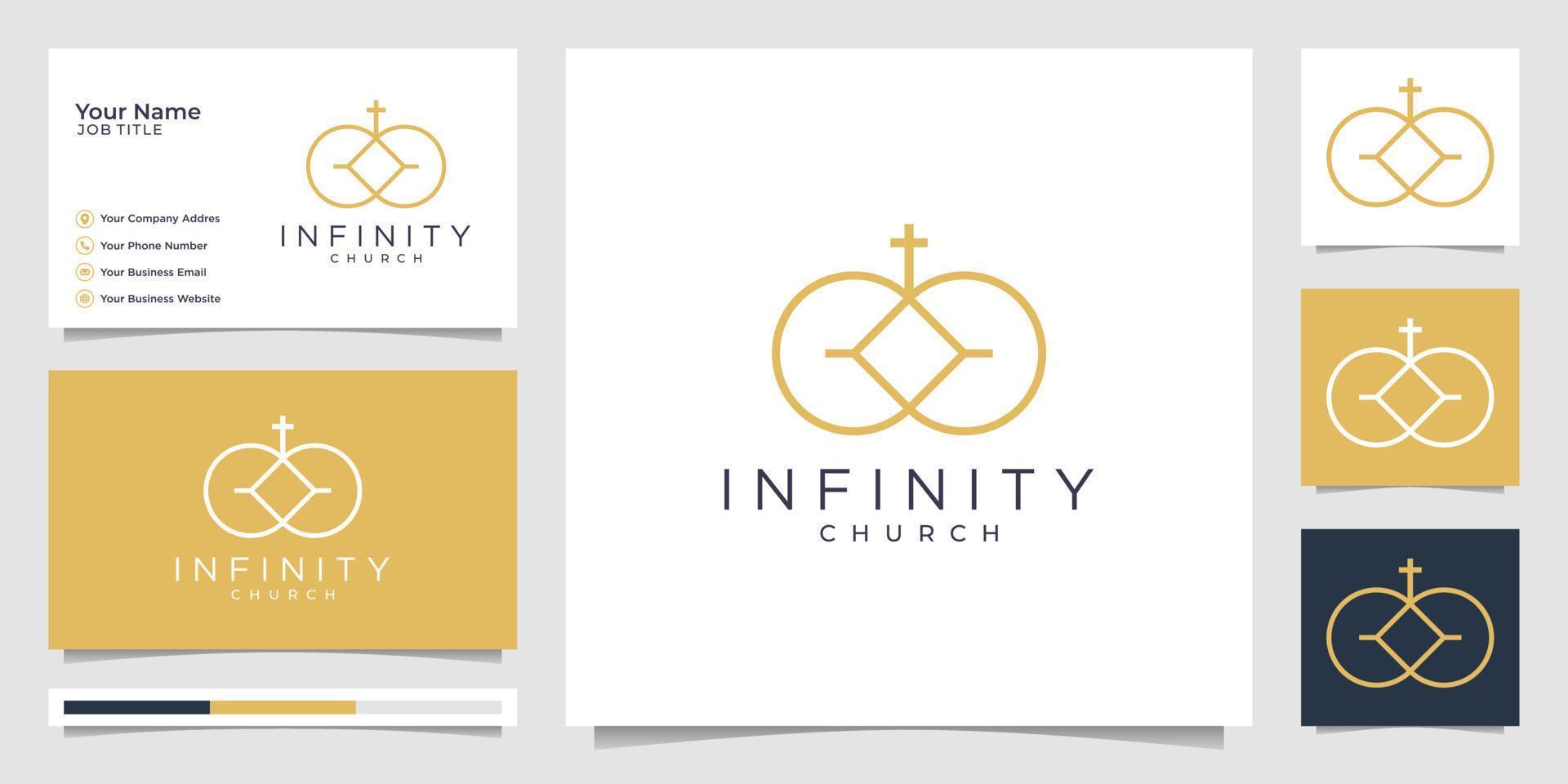 Church logo with infinity line art style and business card design template, religion, template.Premium Vector