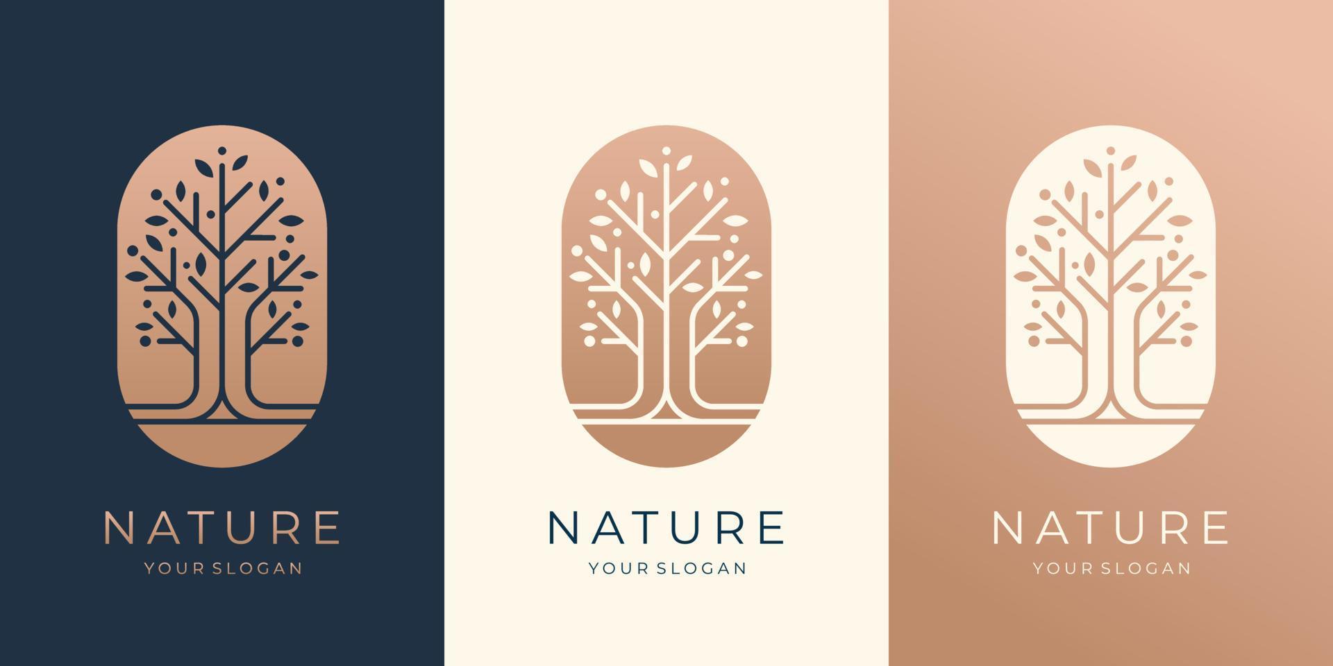 diseño de conjunto de logotipo de árbol moderno.logotipo de árbol natural en concepto de espacio negativo y color dorado.vector premium vector