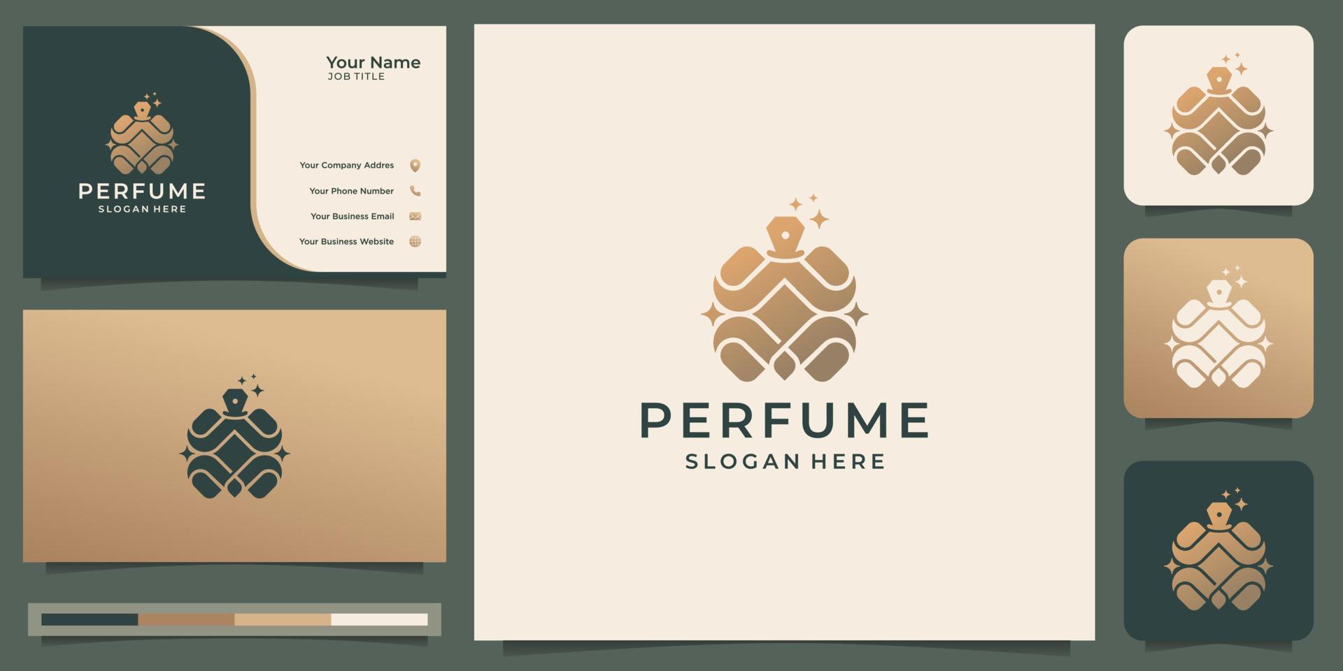 logotipo de perfume de lujo con plantilla de tarjeta de visita. Inspiración en el logotipo de la botella de perfume para su empresa. vector