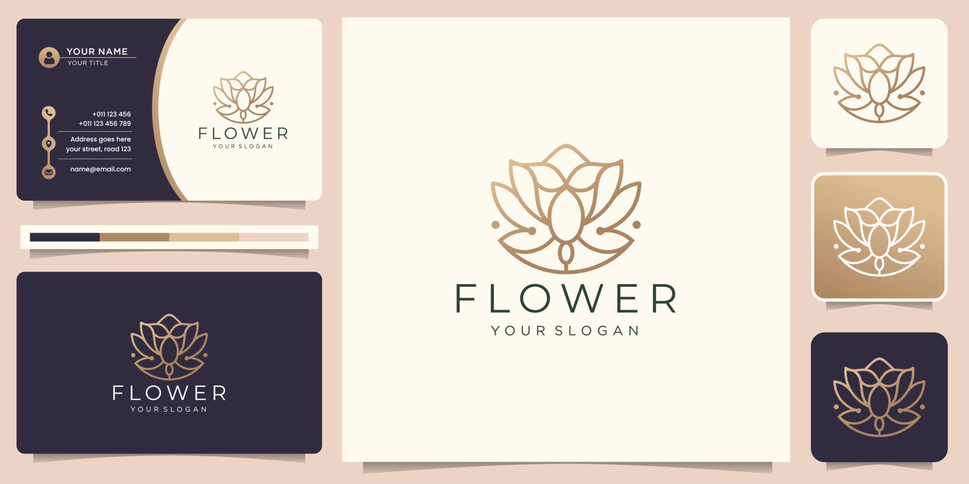 feminine beauty flower rose logo inspiration with creative linear abstract style with business card. vector