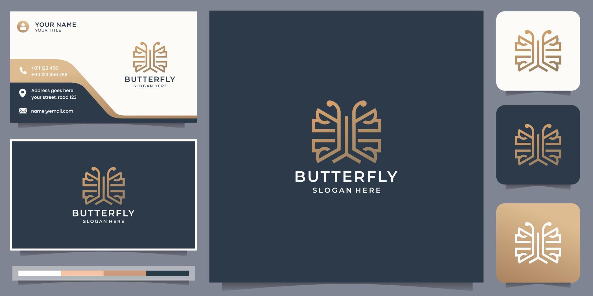 minimalist geometric butterfly logos template inspiration with business card gold color design. vector