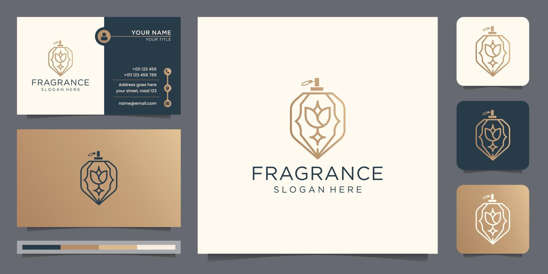 elegante diseño de estilo lineal de plantilla de logotipo de botella de vidrio de perfume y tarjeta de visita premium. vector