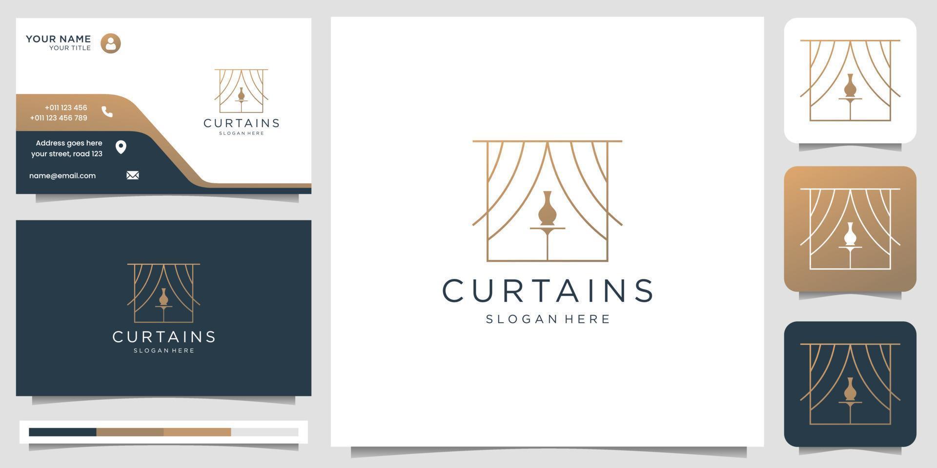 feminine curtains logo design inspiration with gradient gold color and business card. vector