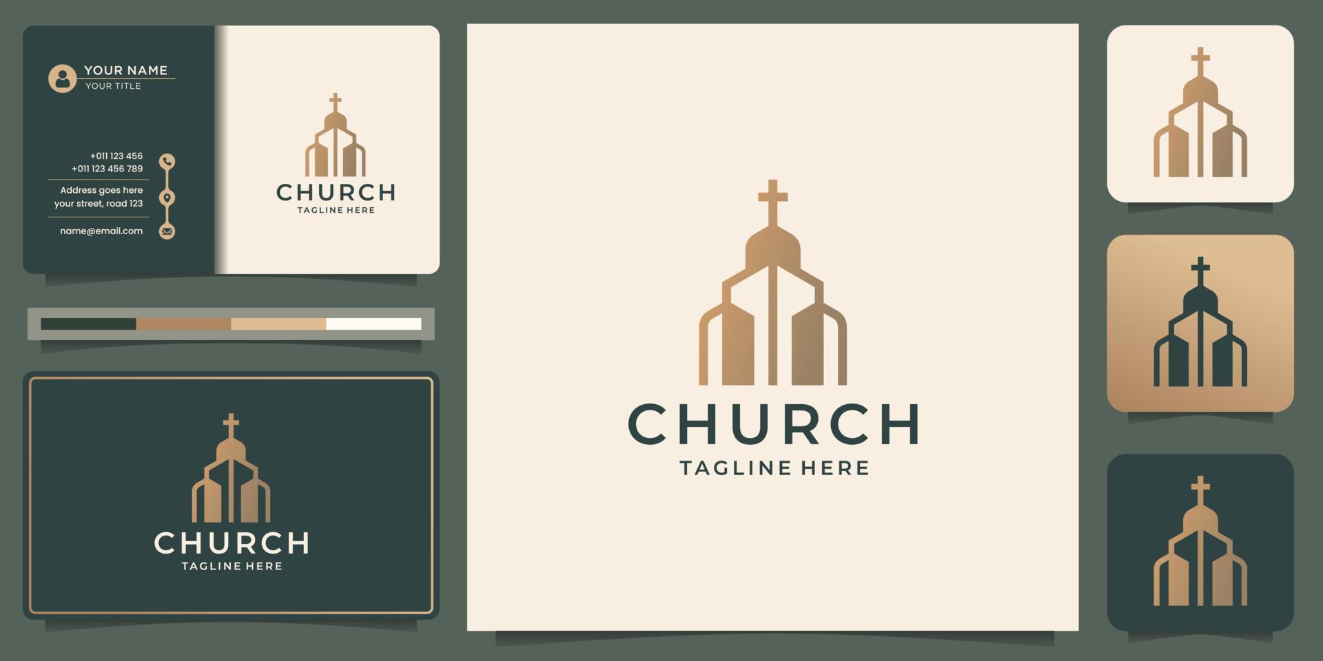 minimal linear style church christian logo design, golden color and business card inspiration. vector