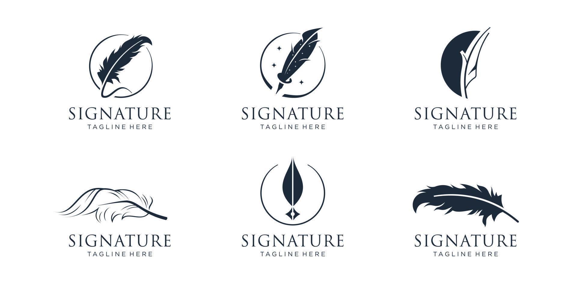 set of quill signature logo design inspiration.feather logo,classic quill,pen writer,minimalist logo vector