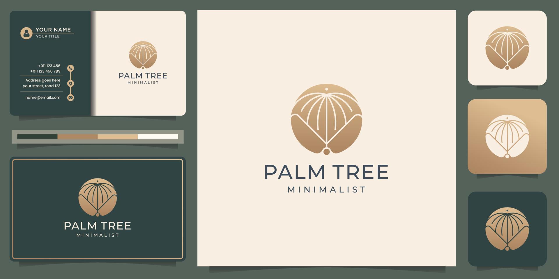 minimalist palm tree logo design inspirations with business card and golden color concept style. vector