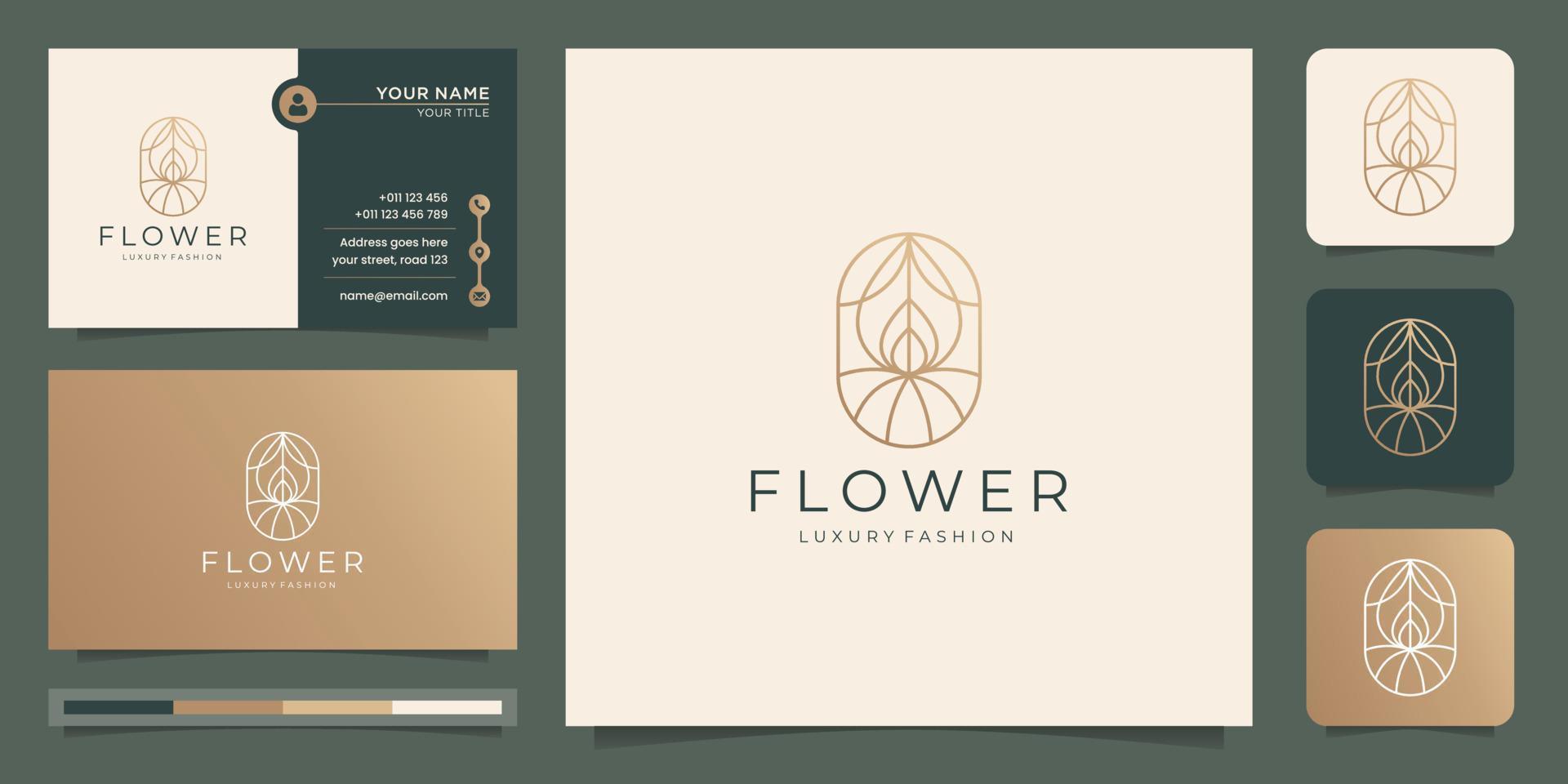 feminine beauty flower with minimalist style line art concept, golden color and business card. vector