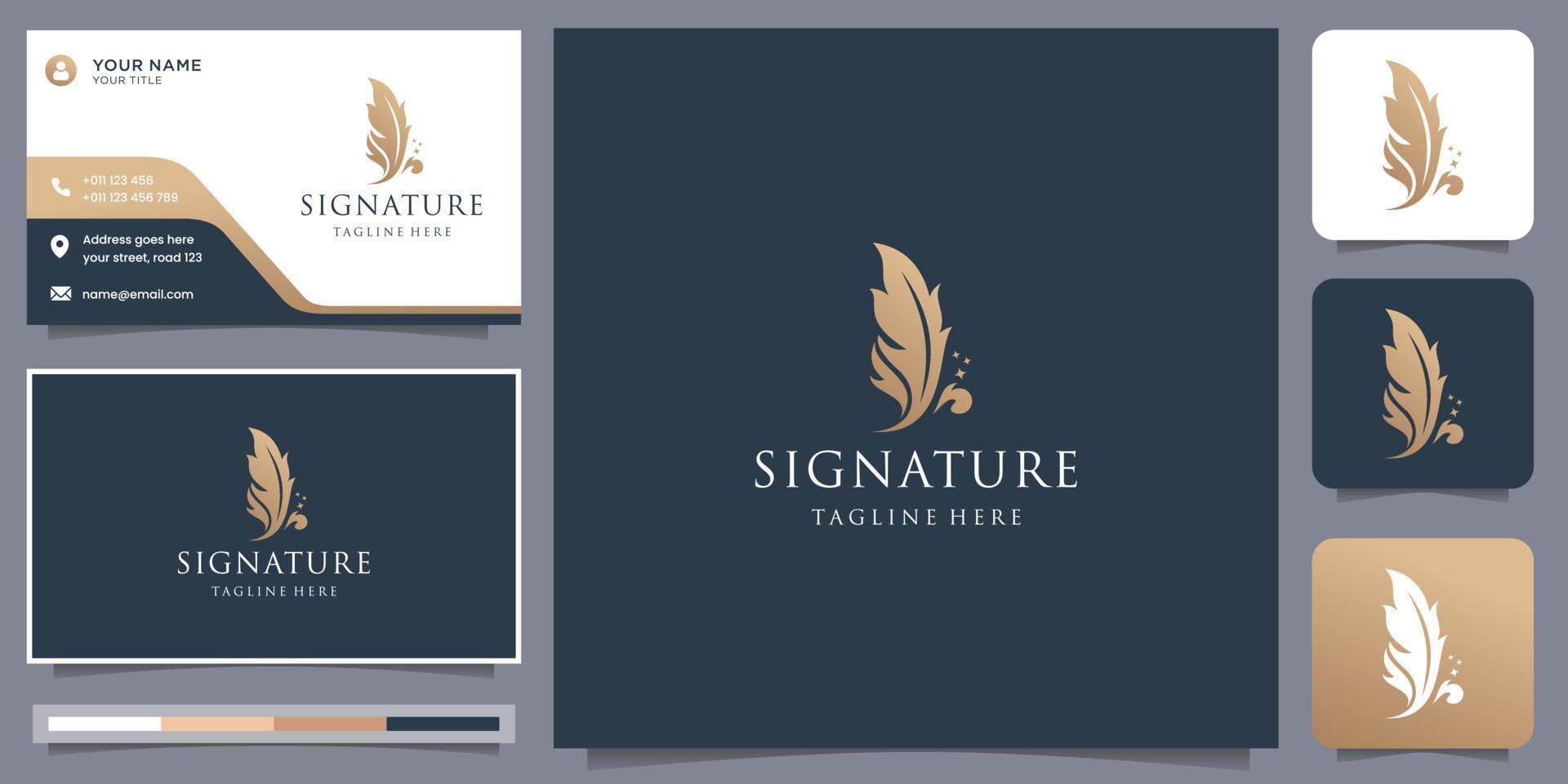 elegante logotipo de pluma de ave. diseño de firma con color dorado de lujo y plantilla de tarjeta de visita. vector