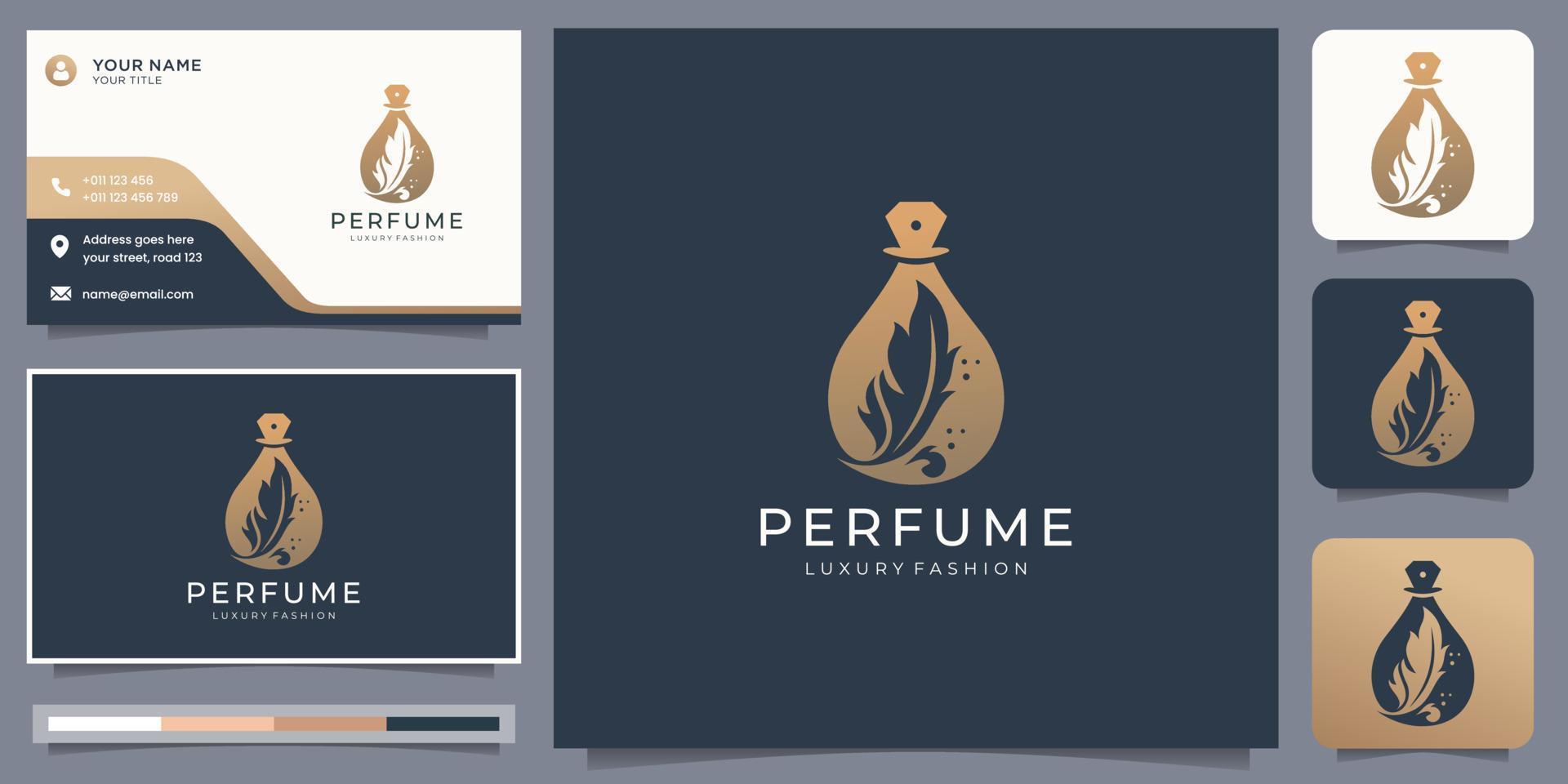 plantilla de logotipo de perfume elegante de lujo, botella de perfume abstracta con hojas, diseño de color dorado. vector