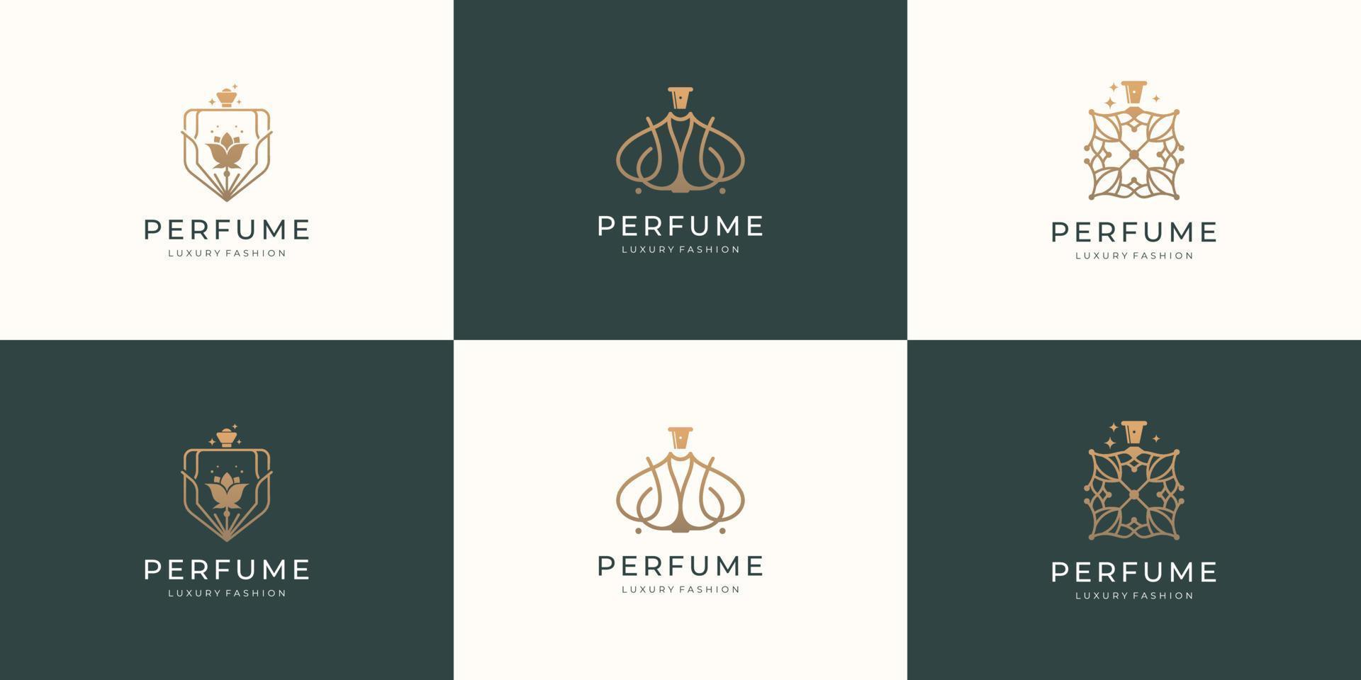 diseño de logotipo de botella de perfume de lujo con inspiración de color dorado. logo para moda, cuidado de la piel, belleza. vector