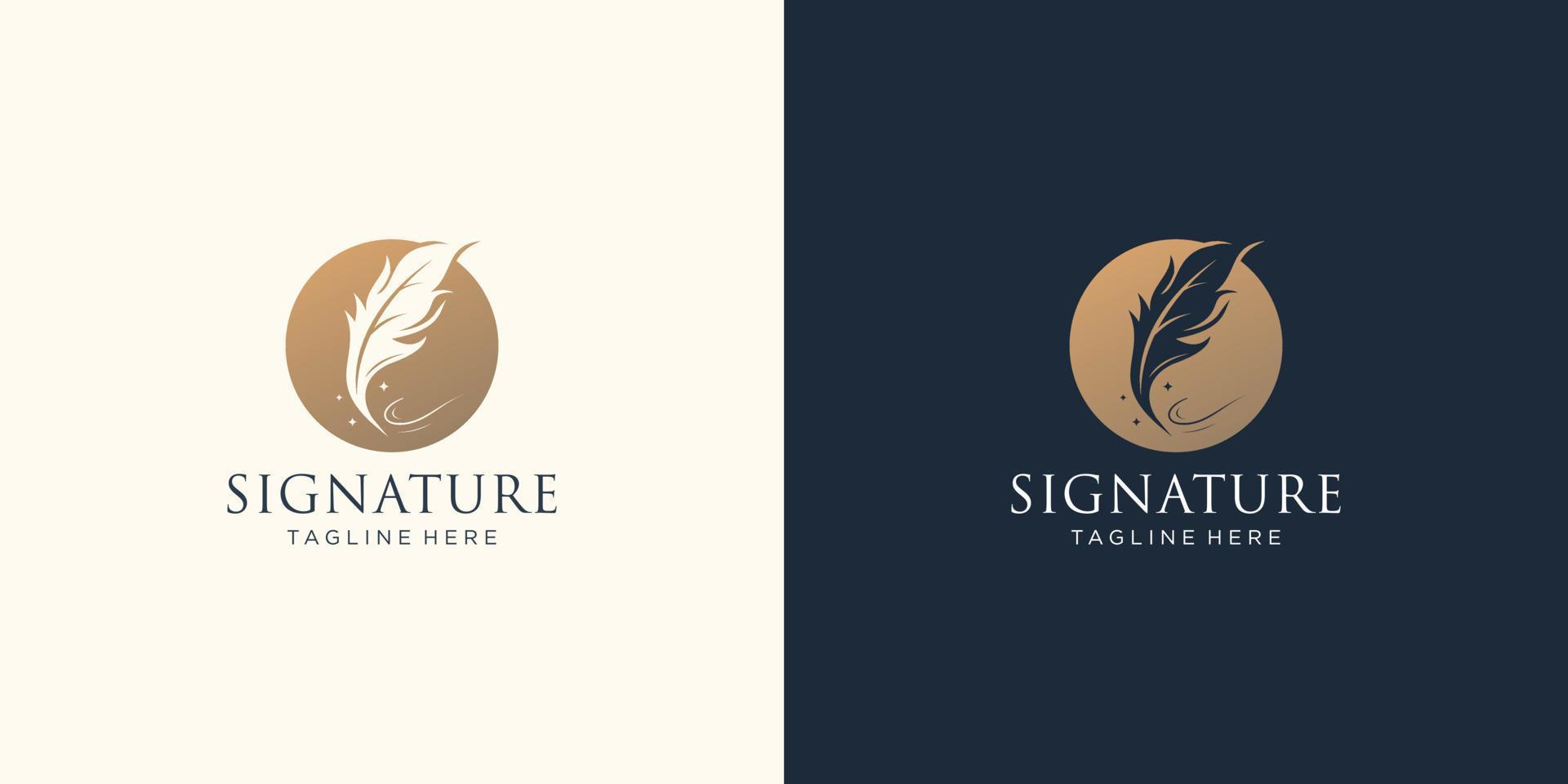creative quill signature logo template in negative space circle frame. luxury signature pen feather. vector
